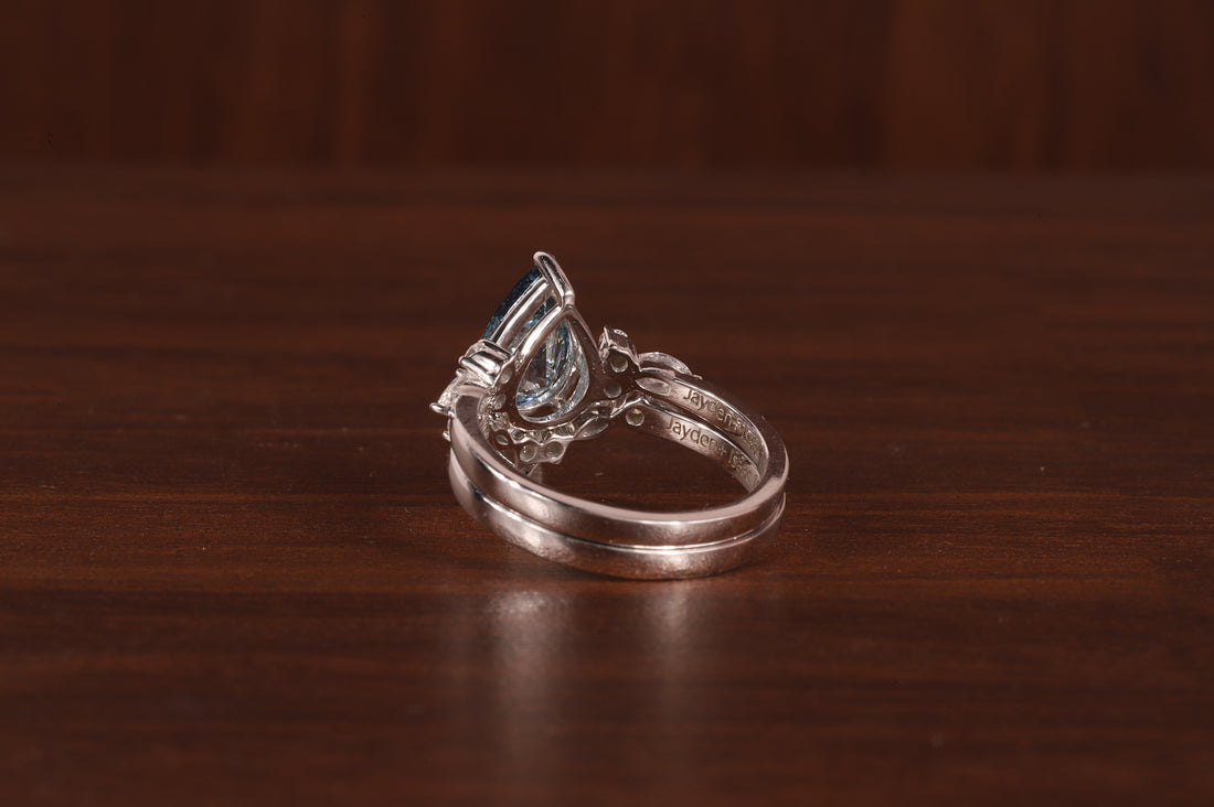 2 CT Blue Pear Cut Lab Grown Diamond Ring, Matching Curved Band
