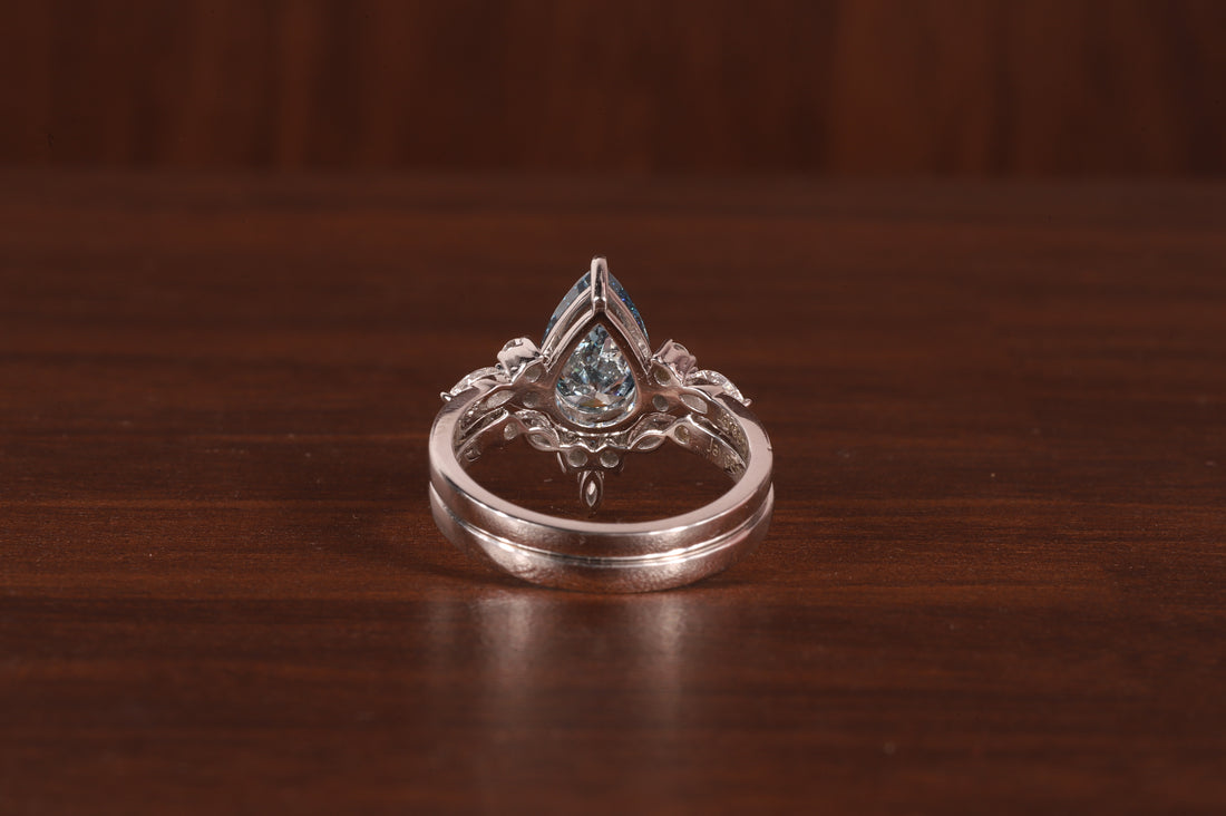 2 CT Blue Pear Cut Lab Grown Diamond Ring, Matching Curved Band