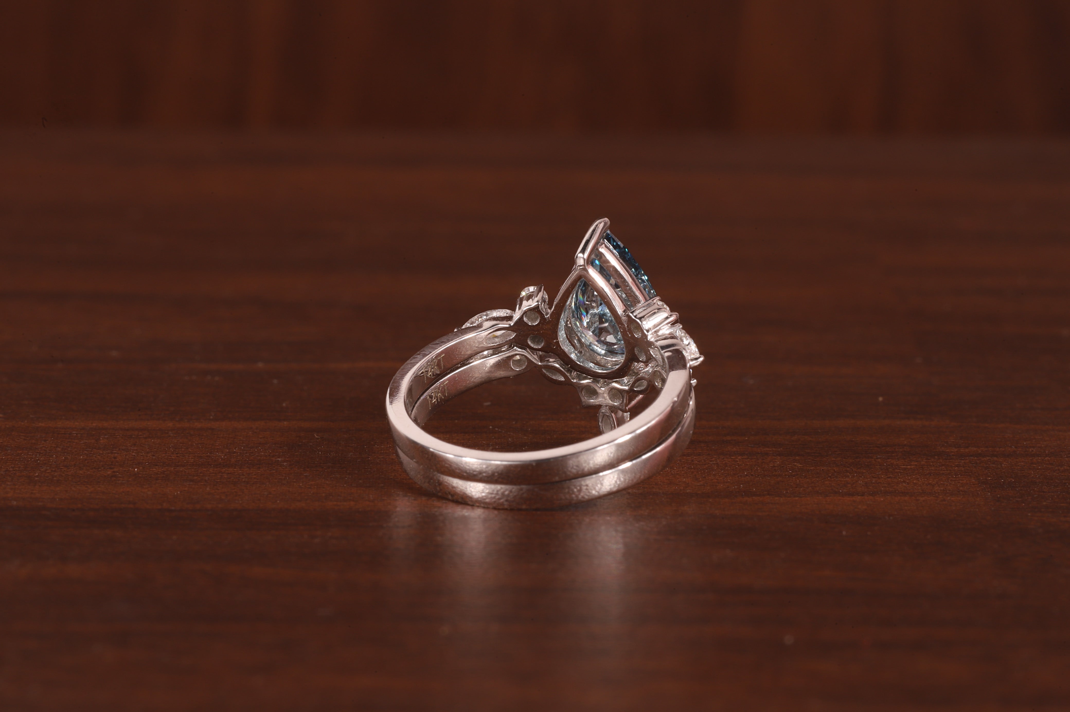 2 CT Blue Pear Cut Lab Grown Diamond Ring, Matching Curved Band