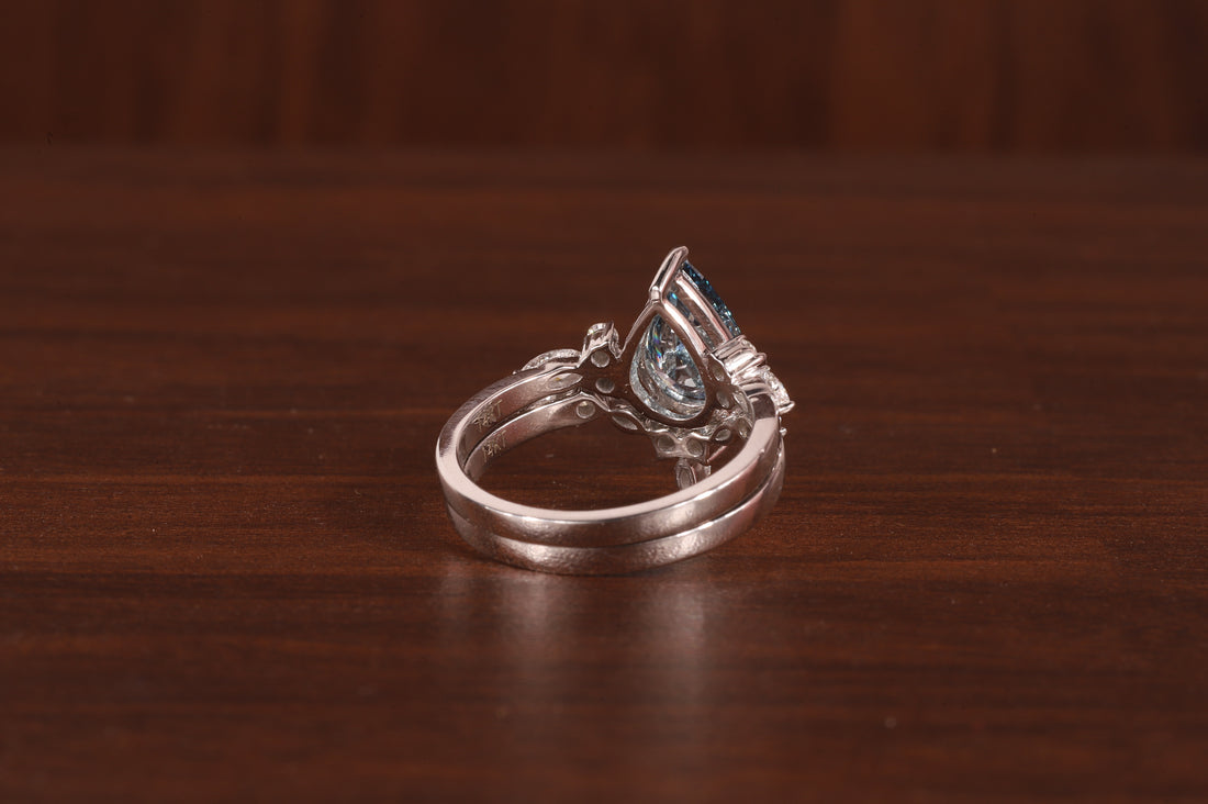 2 CT Blue Pear Cut Lab Grown Diamond Ring, Matching Curved Band
