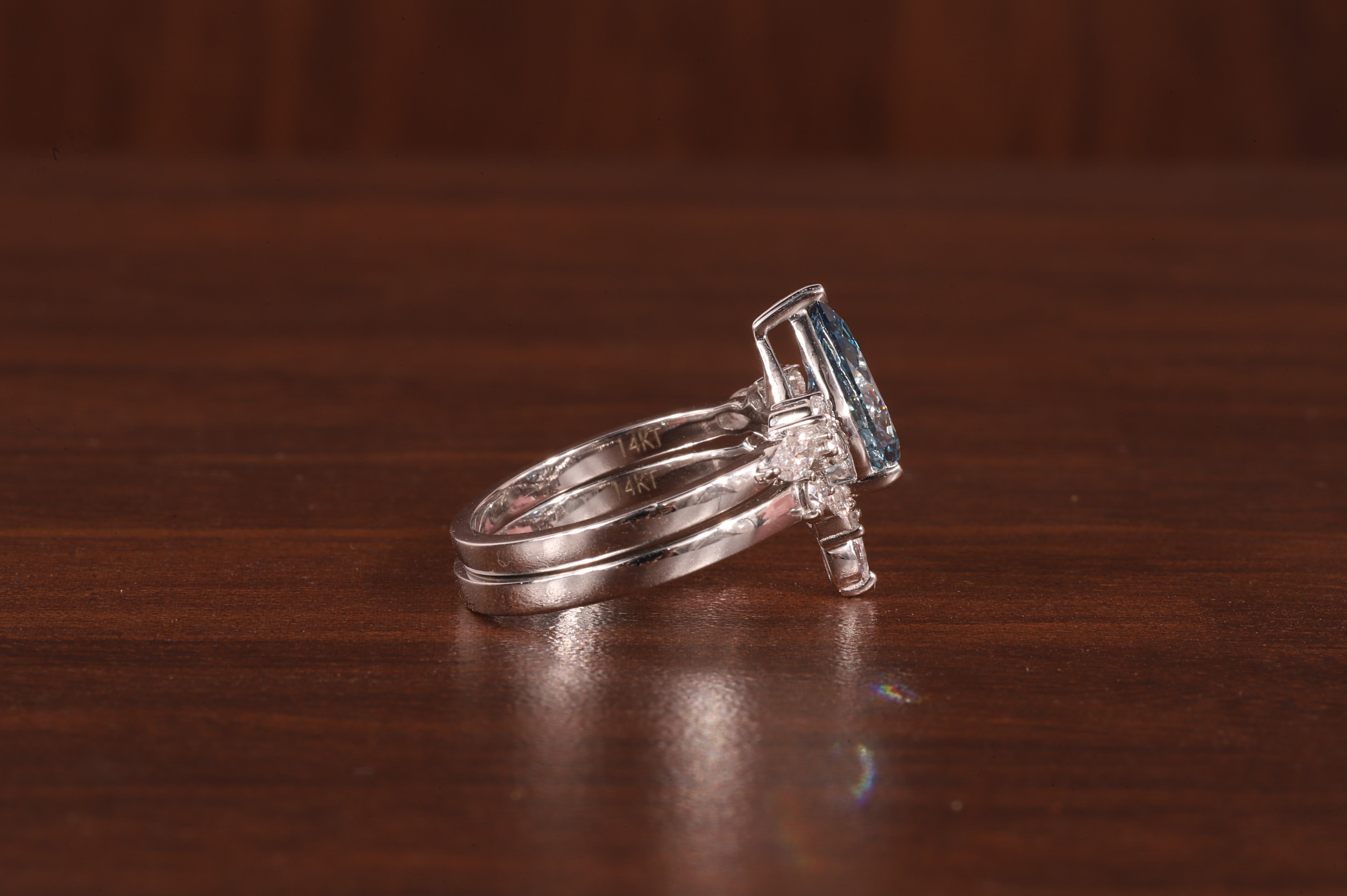 2 CT Blue Pear Cut Lab Grown Diamond Ring, Matching Curved Band