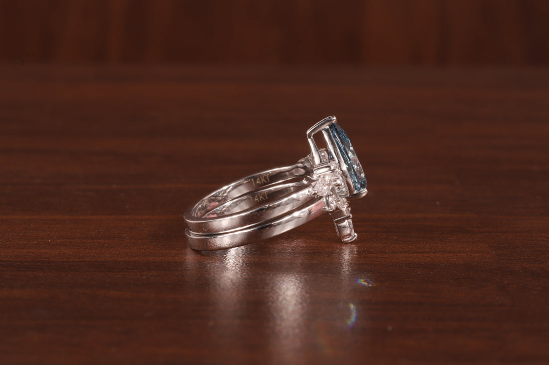 2 CT Blue Pear Cut Lab Grown Diamond Ring, Matching Curved Band