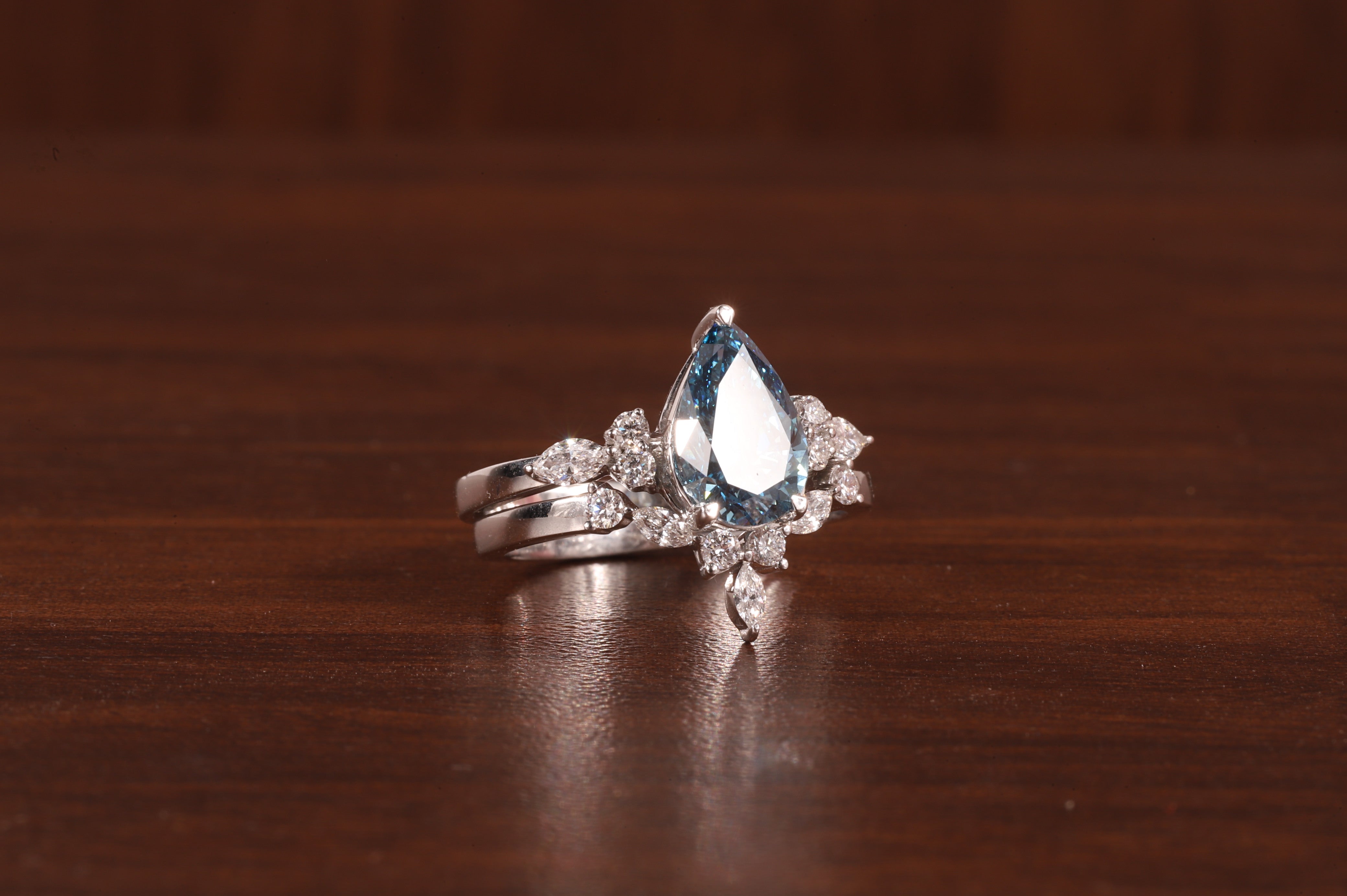 2 CT Blue Pear Cut Lab Grown Diamond Ring, Matching Curved Band