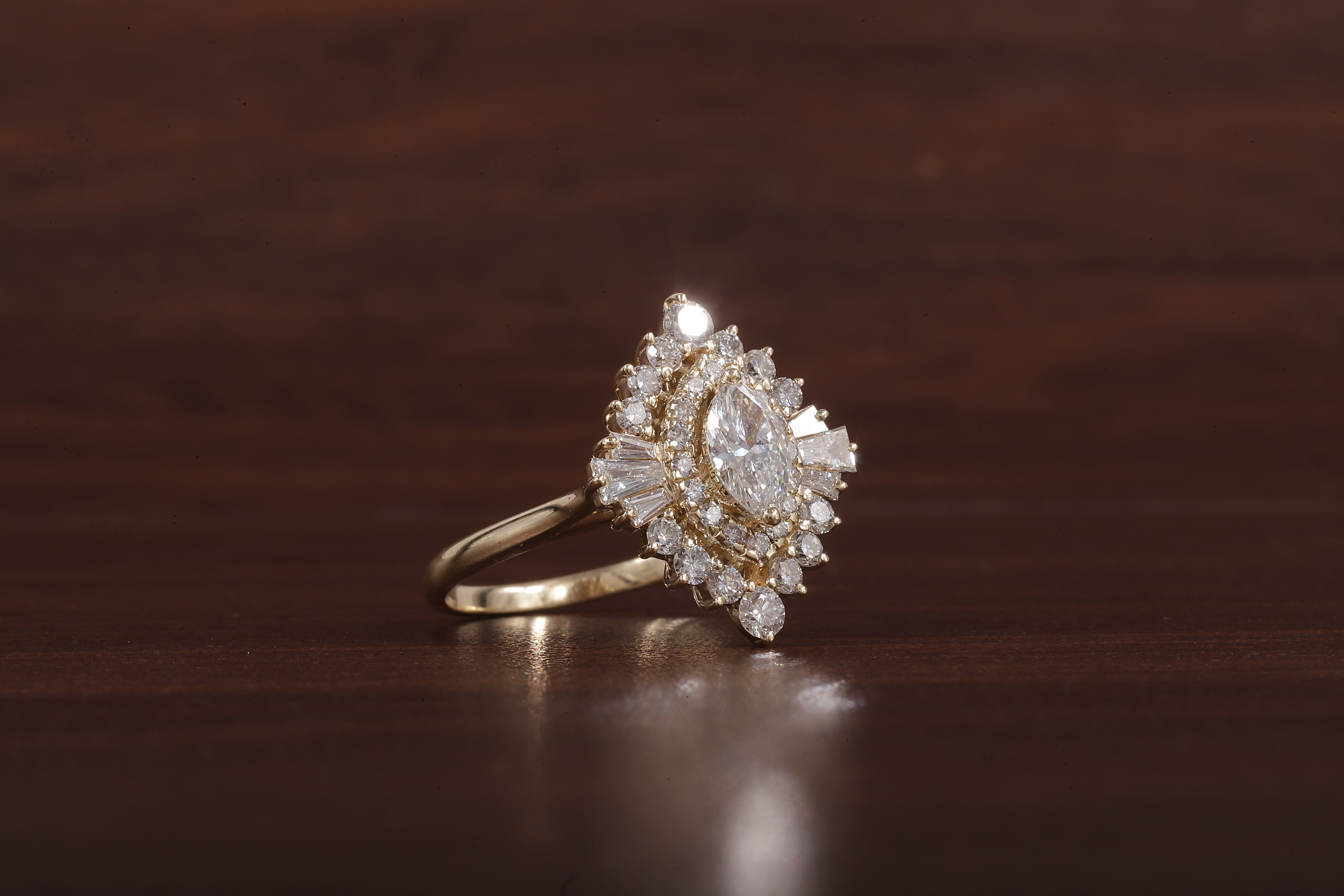 Marquise Lab Grown Diamond Ring Cluster Set Engagement Ring Tapered Baguette
