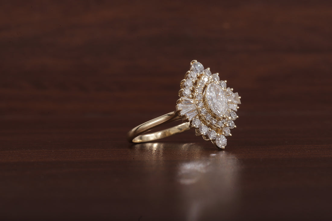 Marquise Lab Grown Diamond Ring Cluster Set Engagement Ring Tapered Baguette