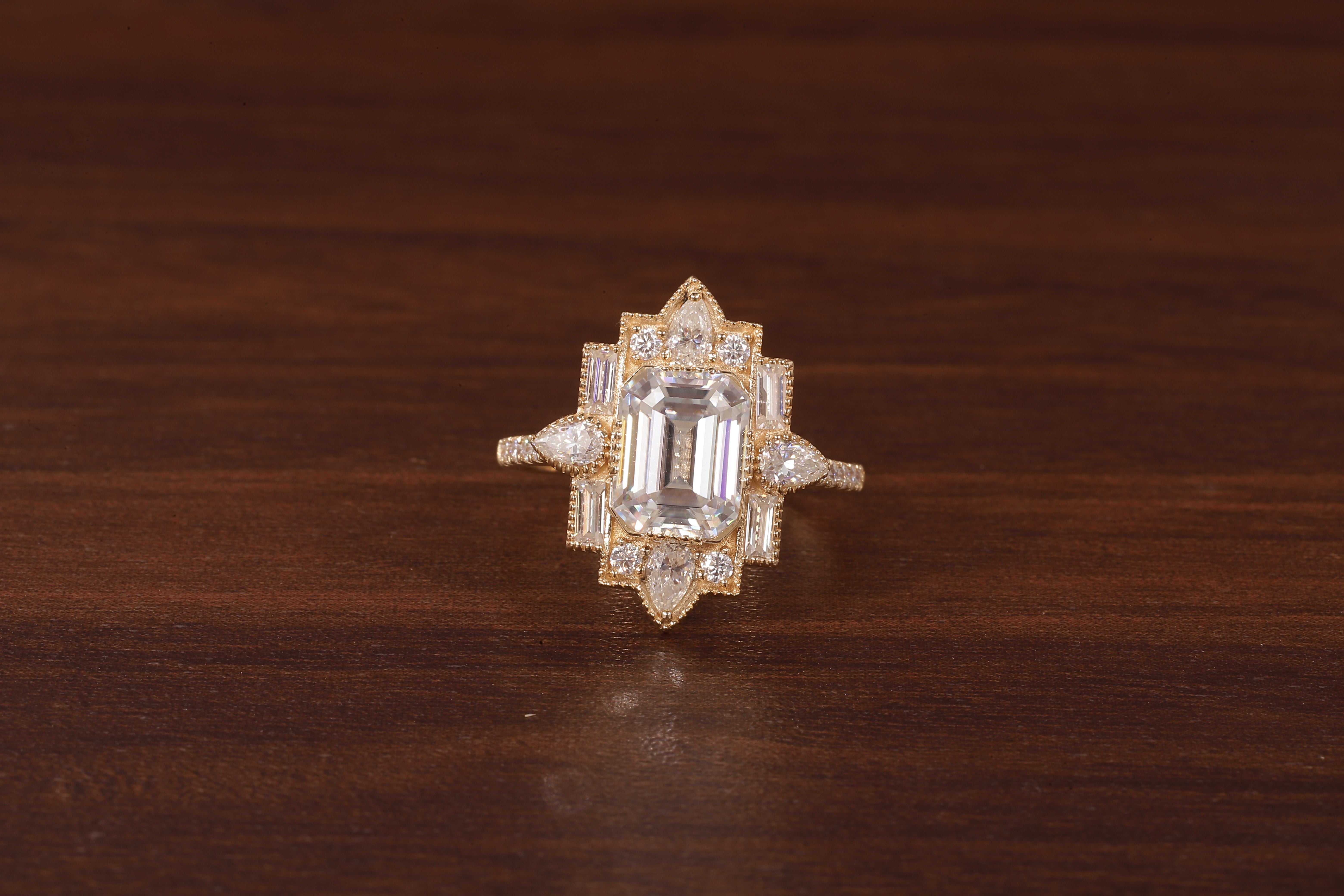 Emerald Cut Lab Grown Diamond Ring, Sunburst Halo,Art Deco Bridal Ring
