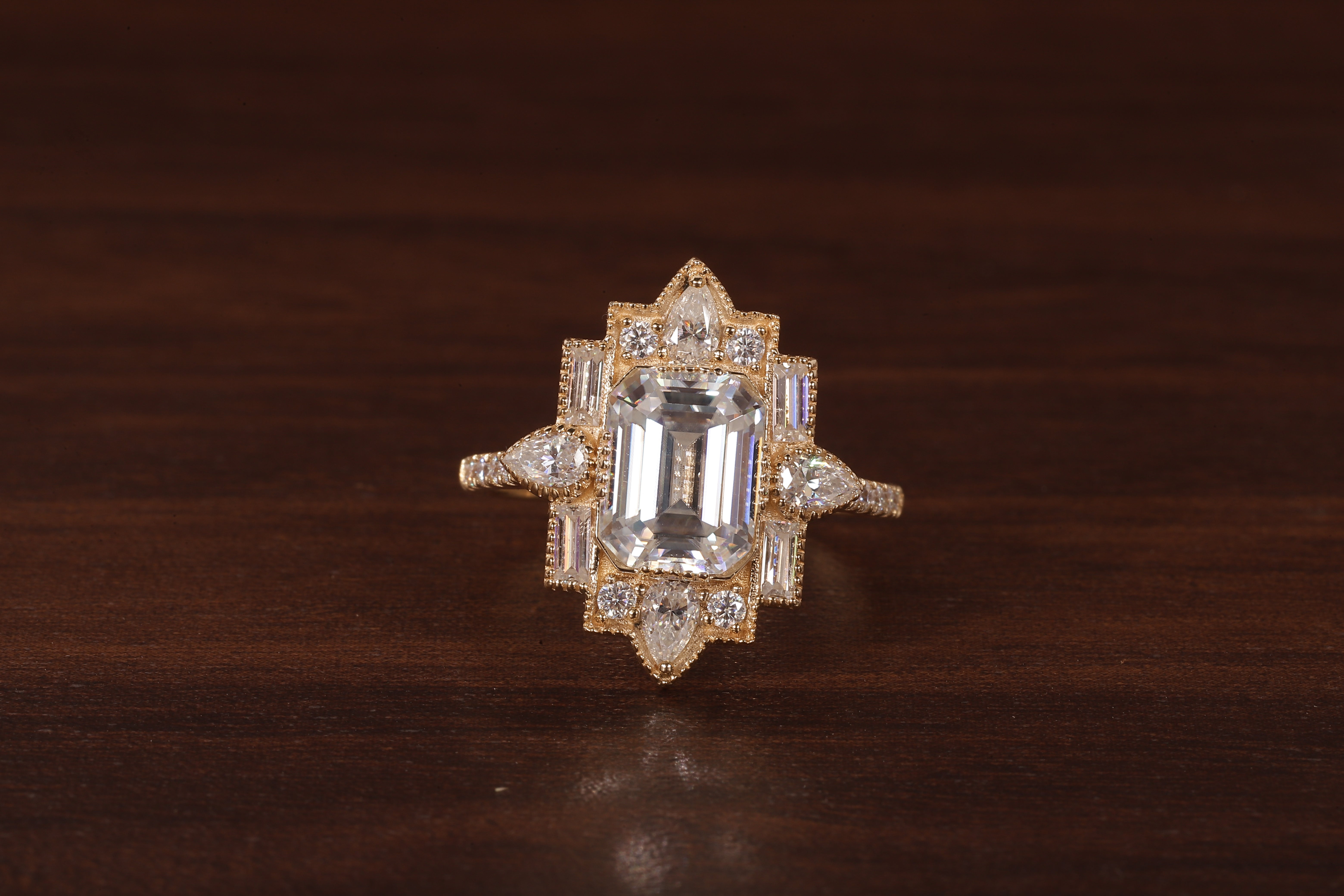 Emerald Cut Lab Grown Diamond Ring, Sunburst Halo,Art Deco Bridal Ring
