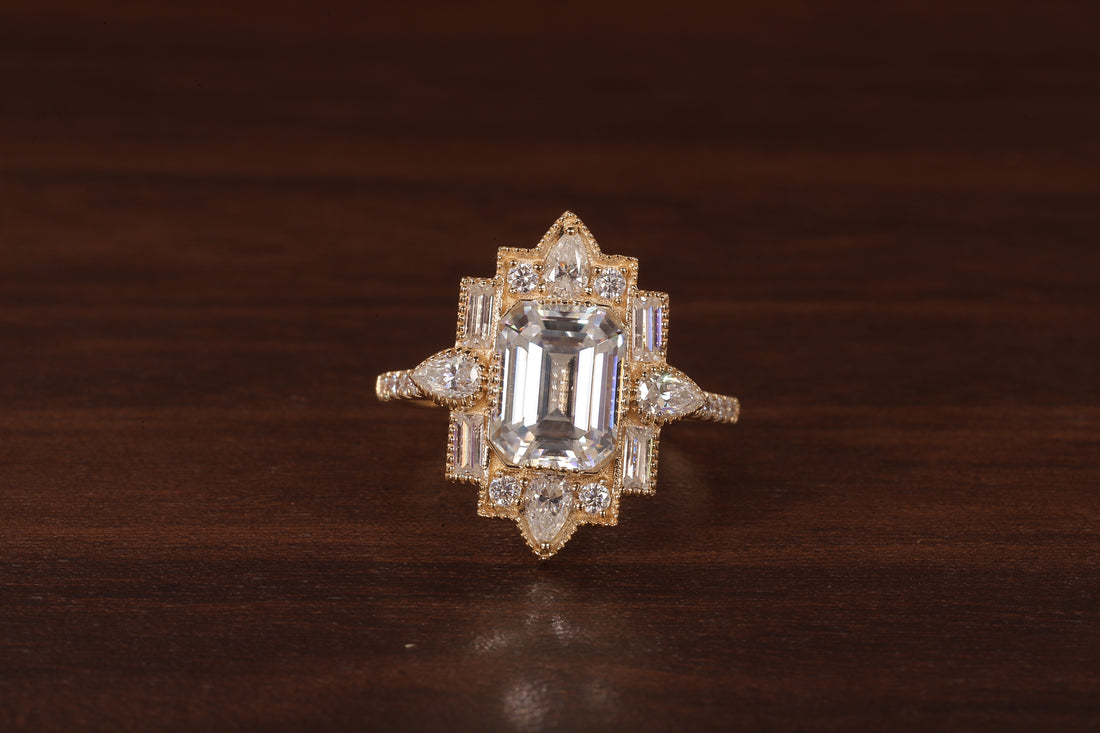 Emerald Cut Lab Grown Diamond Ring, Sunburst Halo,Art Deco Bridal Ring