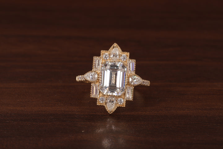 Emerald Cut Lab Grown Diamond Ring, Sunburst Halo,Art Deco Bridal Ring