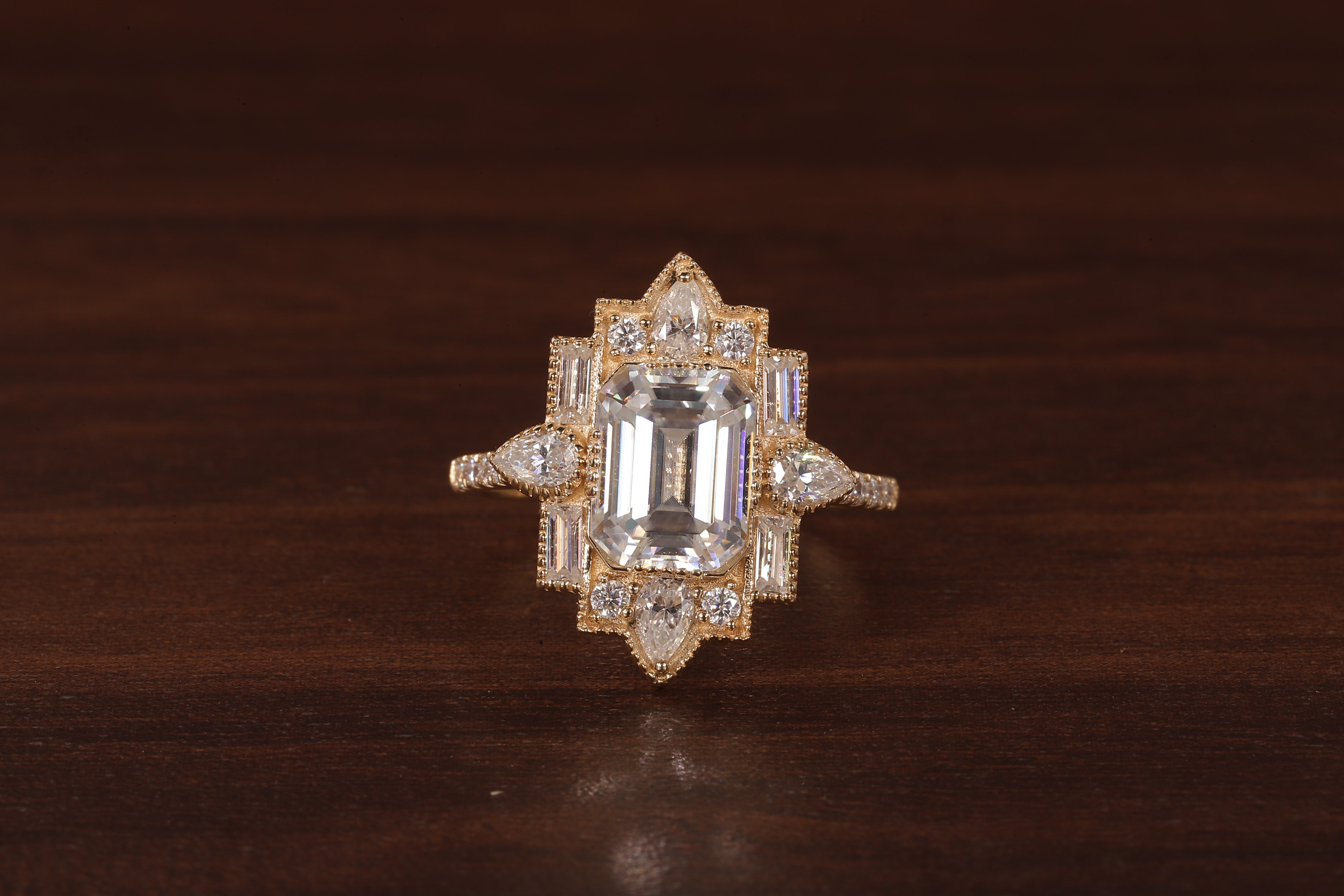 Emerald Cut Lab Grown Diamond Ring, Sunburst Halo,Art Deco Bridal Ring