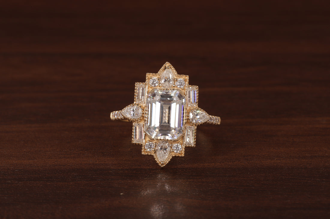 Emerald Cut Lab Grown Diamond Ring, Sunburst Halo,Art Deco Bridal Ring
