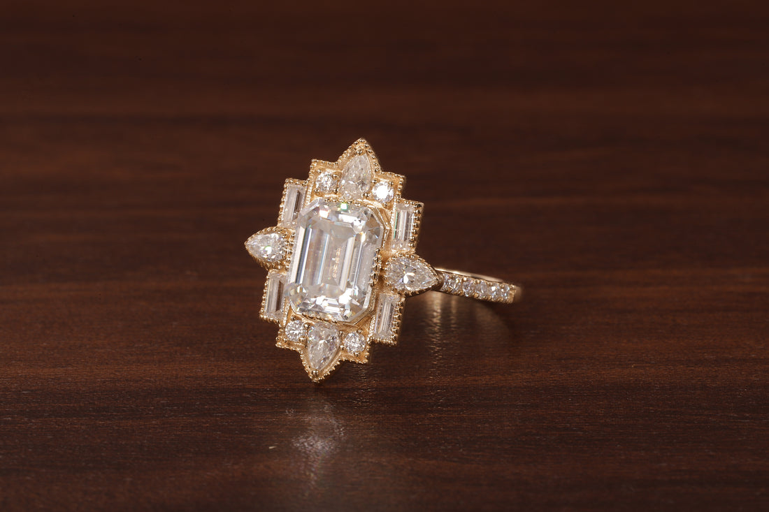 Emerald Cut Lab Grown Diamond Ring, Sunburst Halo,Art Deco Bridal Ring