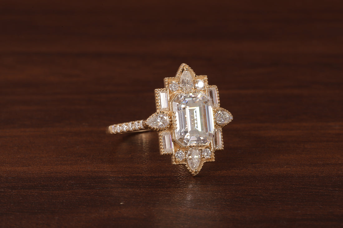 Emerald Cut Lab Grown Diamond Ring, Sunburst Halo,Art Deco Bridal Ring