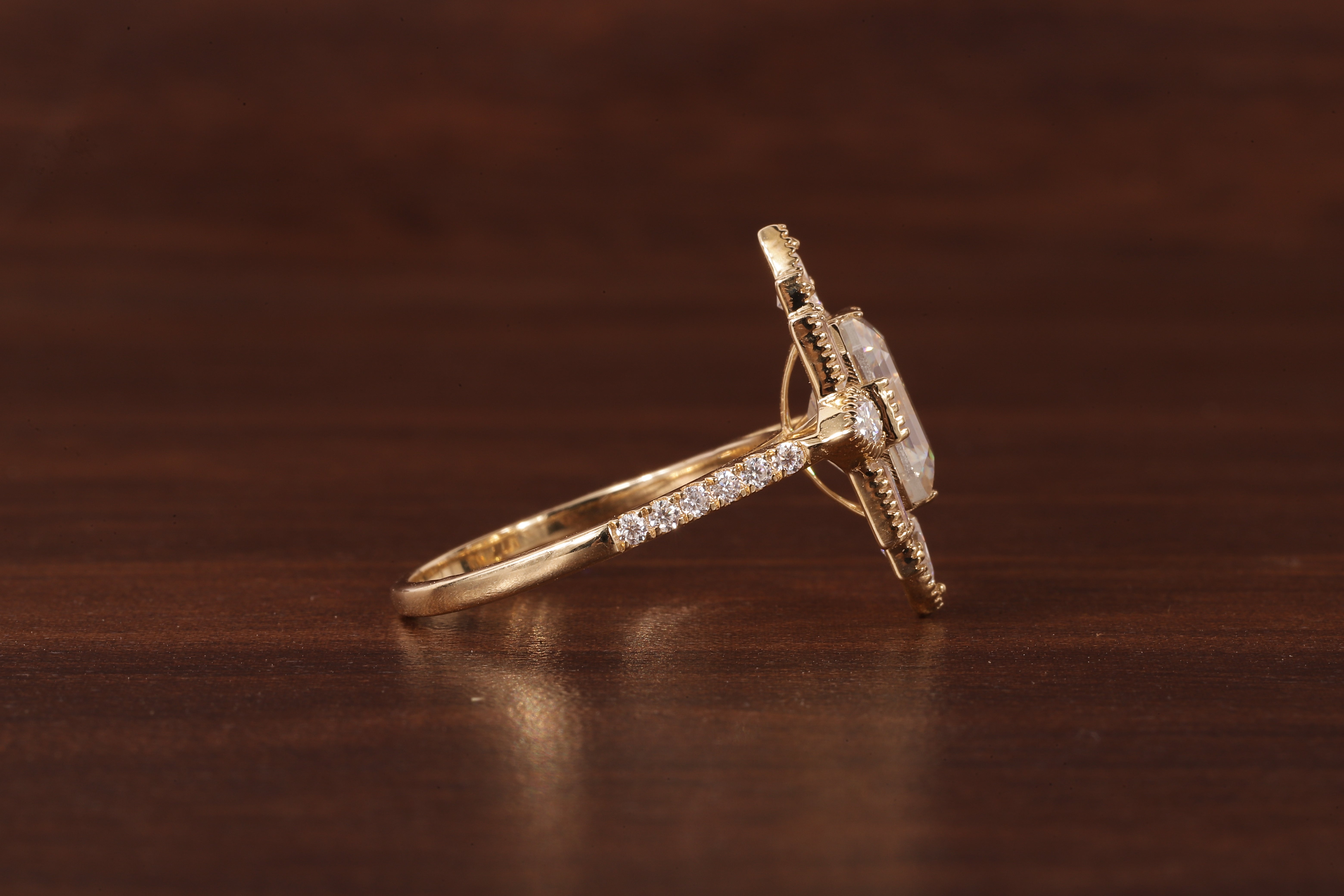 Emerald Cut Lab Grown Diamond Ring, Sunburst Halo,Art Deco Bridal Ring