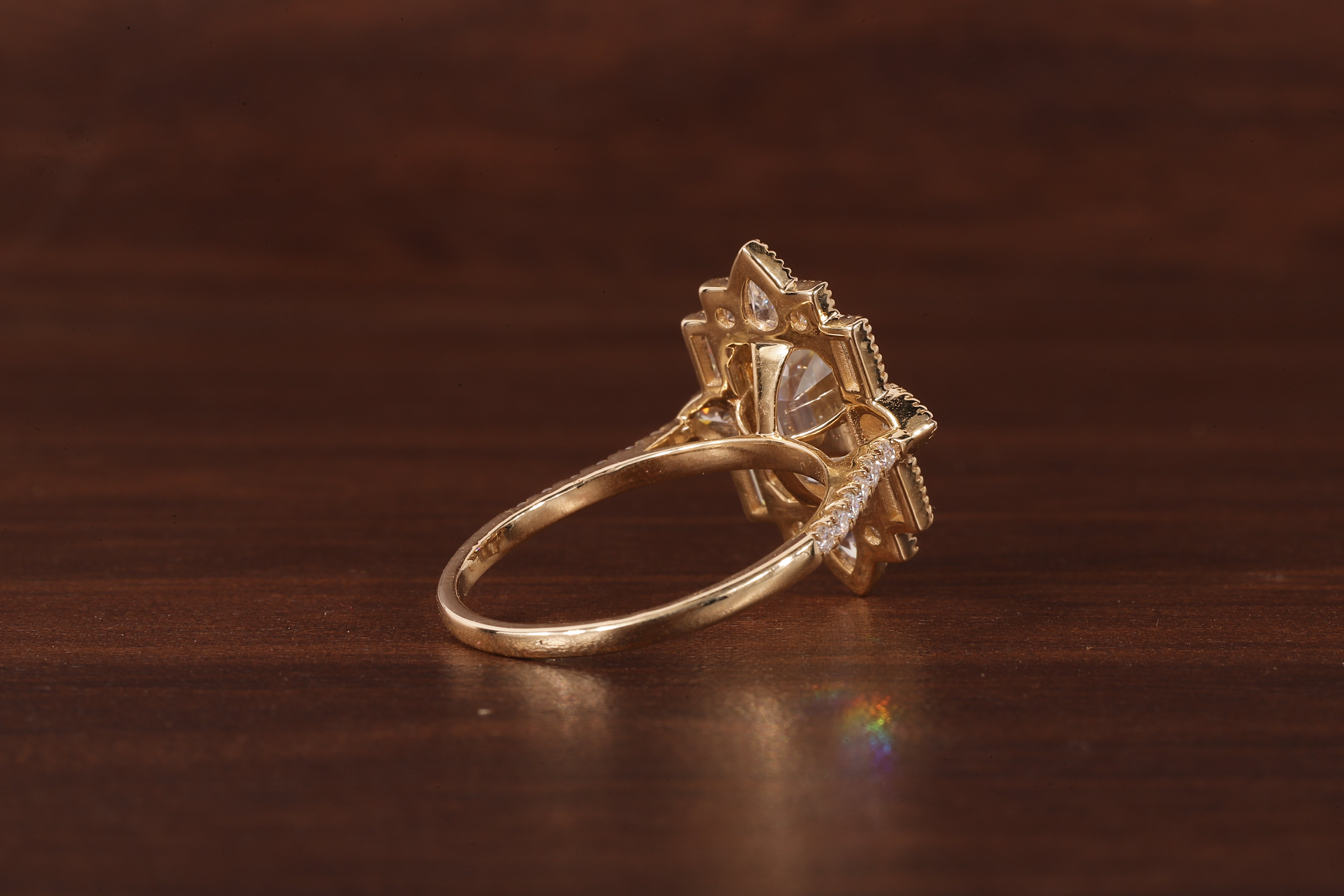 Emerald Cut Lab Grown Diamond Ring, Sunburst Halo,Art Deco Bridal Ring