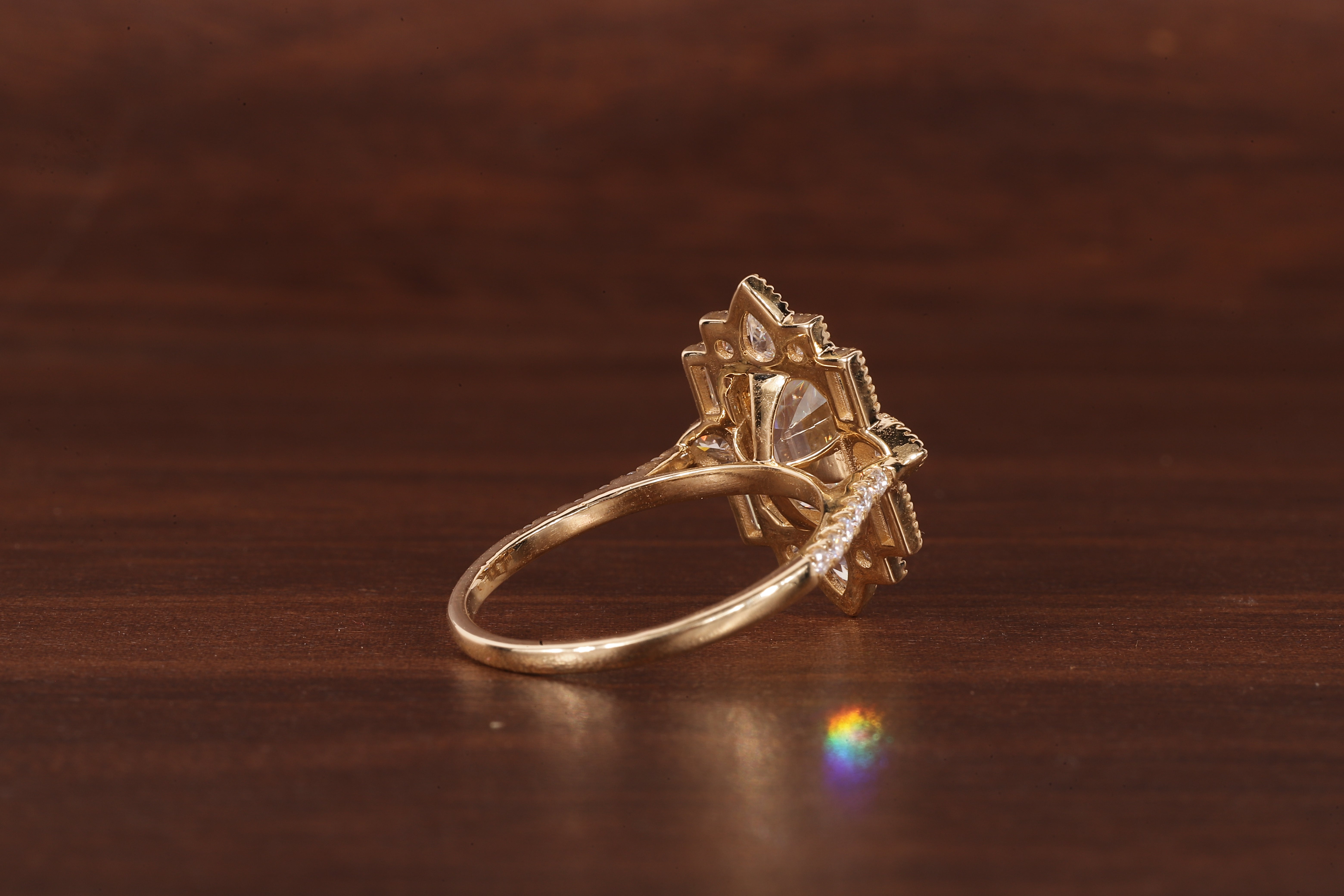 Emerald Cut Lab Grown Diamond Ring, Sunburst Halo,Art Deco Bridal Ring