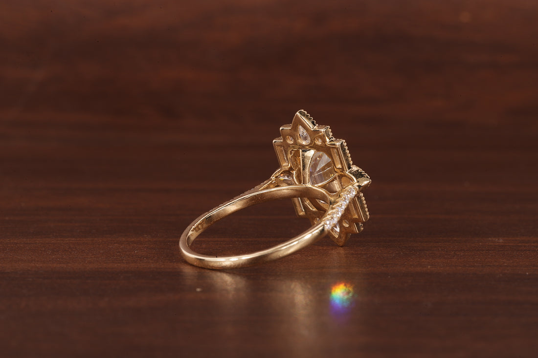 Emerald Cut Lab Grown Diamond Ring, Sunburst Halo,Art Deco Bridal Ring