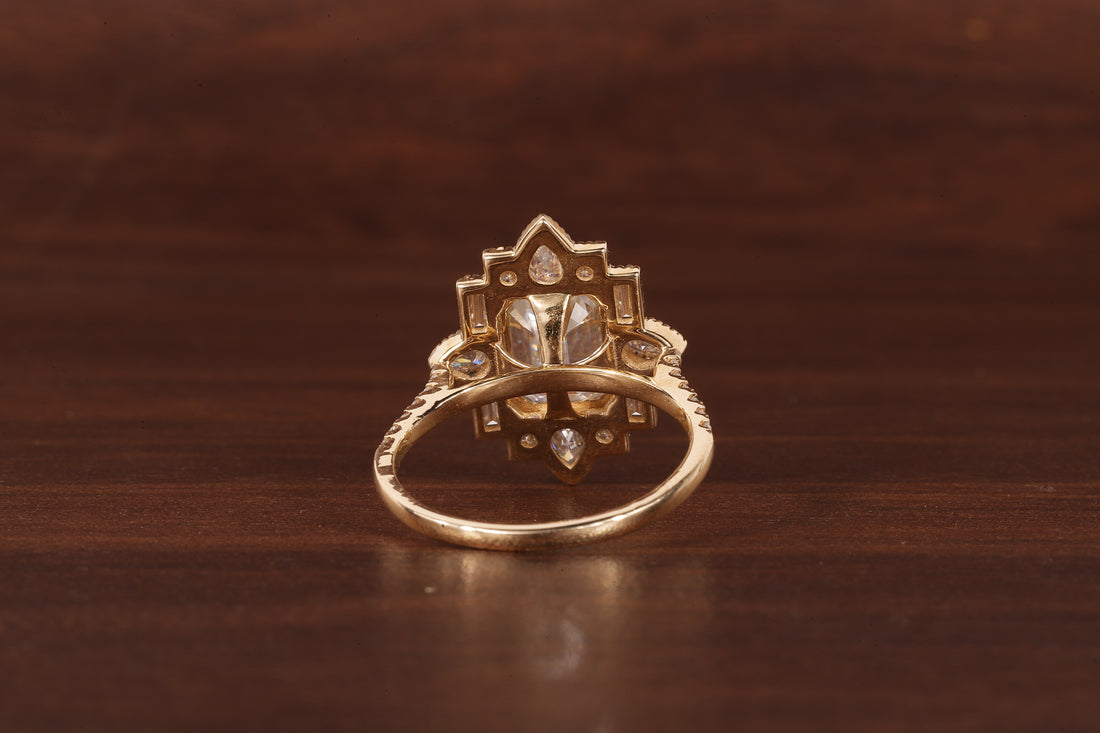 Emerald Cut Lab Grown Diamond Ring, Sunburst Halo,Art Deco Bridal Ring