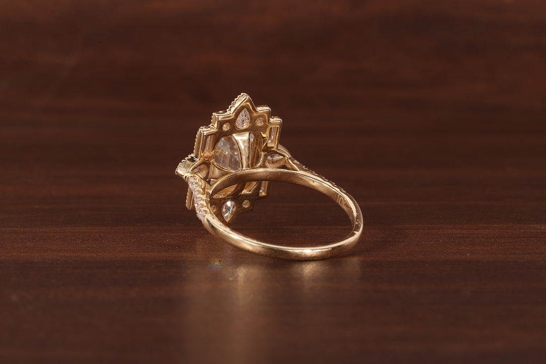 Emerald Cut Lab Grown Diamond Ring, Sunburst Halo,Art Deco Bridal Ring