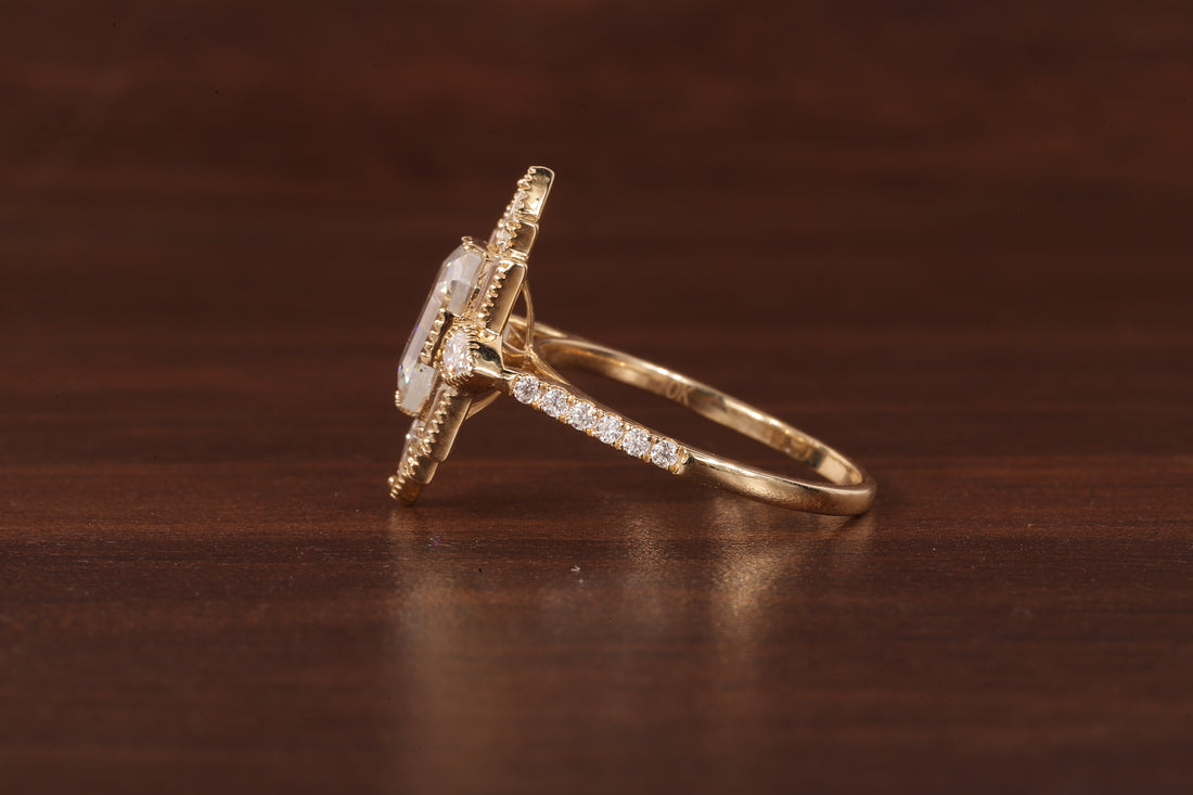 Emerald Cut Lab Grown Diamond Ring, Sunburst Halo,Art Deco Bridal Ring