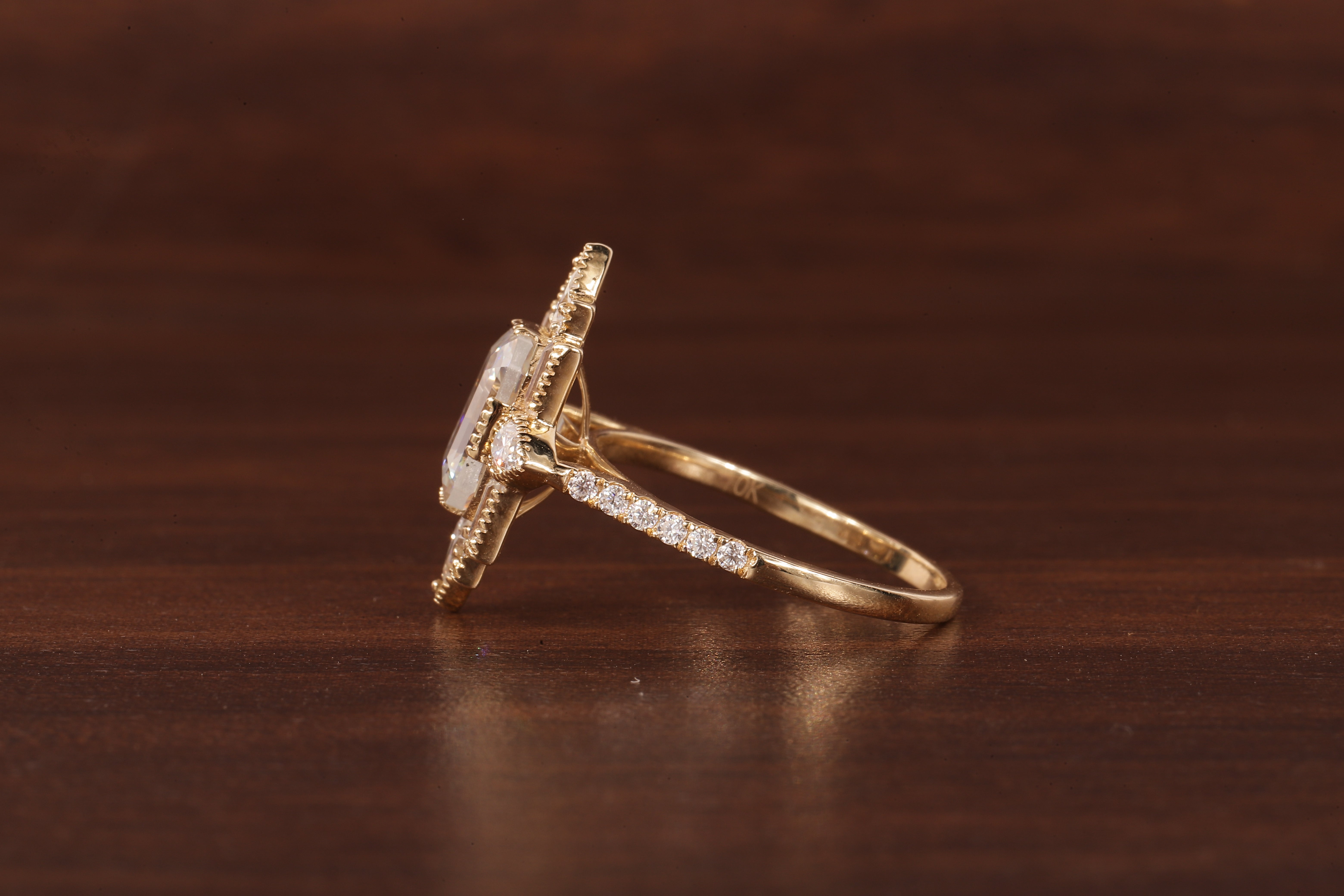 Emerald Cut Lab Grown Diamond Ring, Sunburst Halo,Art Deco Bridal Ring