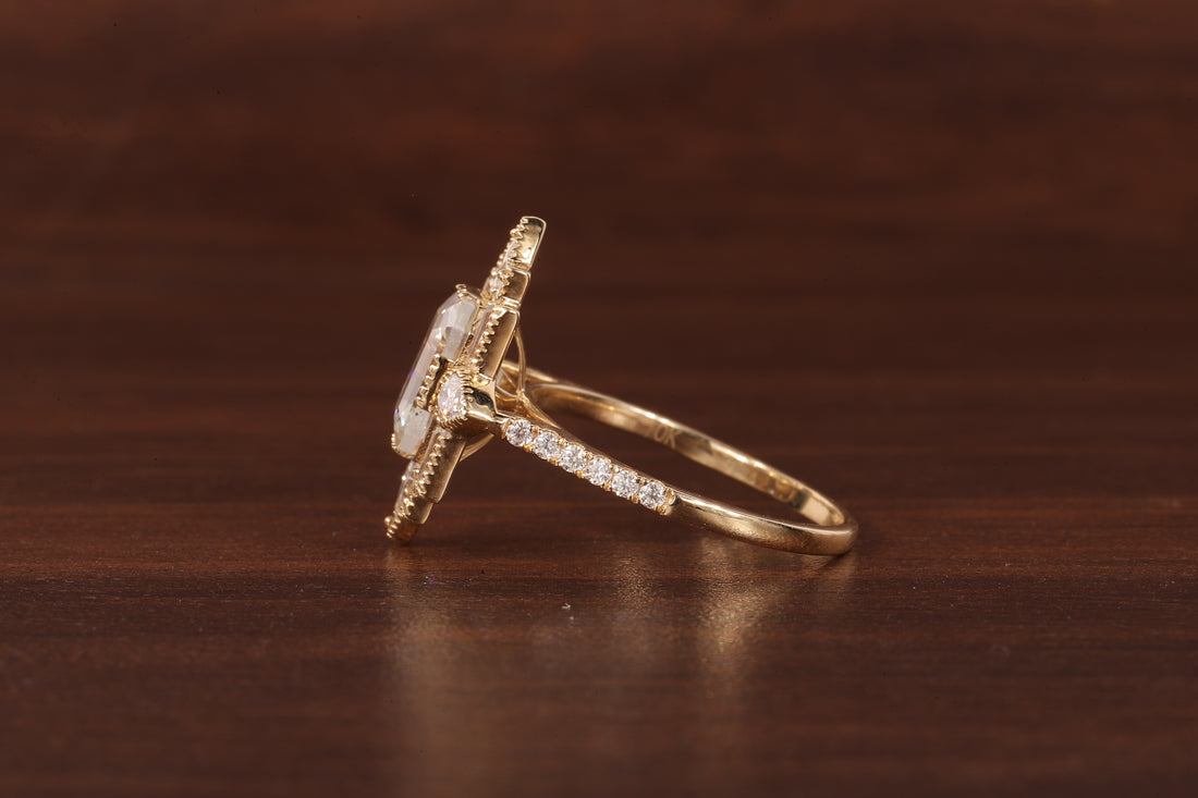 Emerald Cut Lab Grown Diamond Ring, Sunburst Halo,Art Deco Bridal Ring