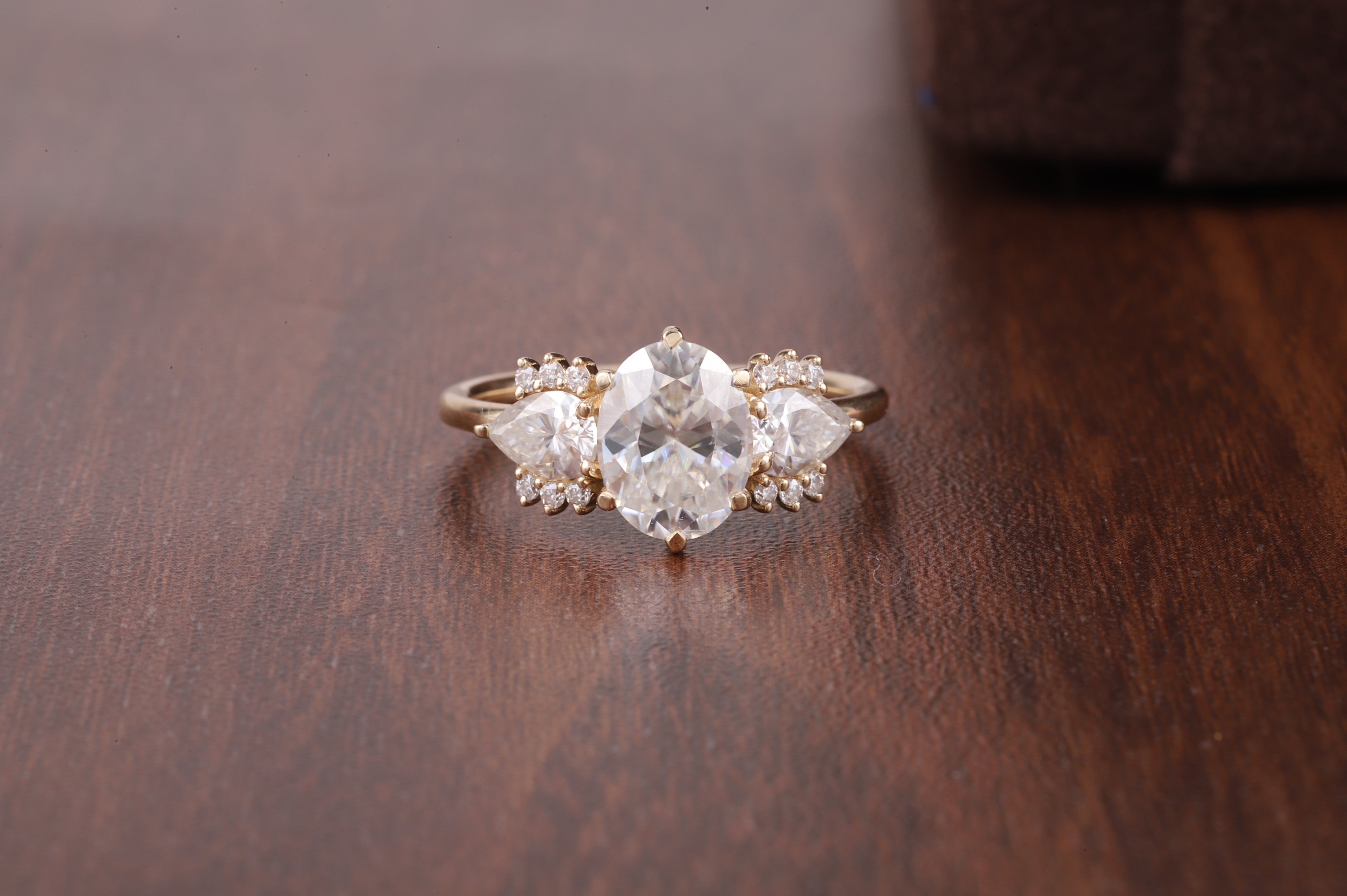 2ct Oval Cut Moissanite Engagement Ring, Oval Moissanite with side Pear Ring