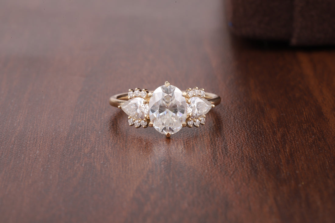 2ct Oval Cut Moissanite Engagement Ring, Oval Moissanite with side Pear Ring