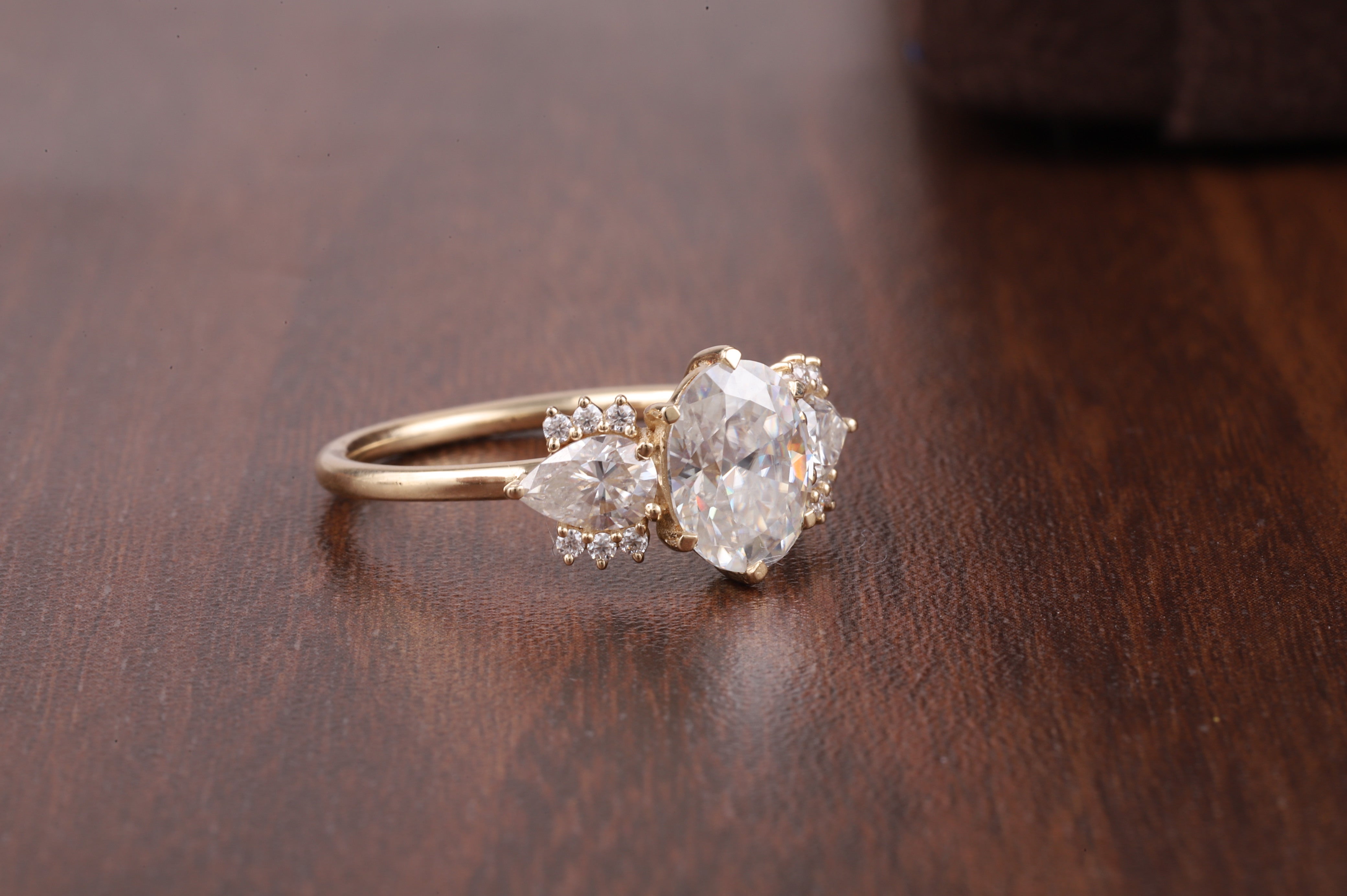 2ct Oval Cut Moissanite Engagement Ring, Oval Moissanite with side Pear Ring