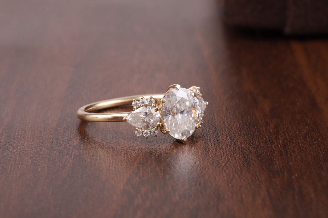 2ct Oval Cut Moissanite Engagement Ring, Oval Moissanite with side Pear Ring