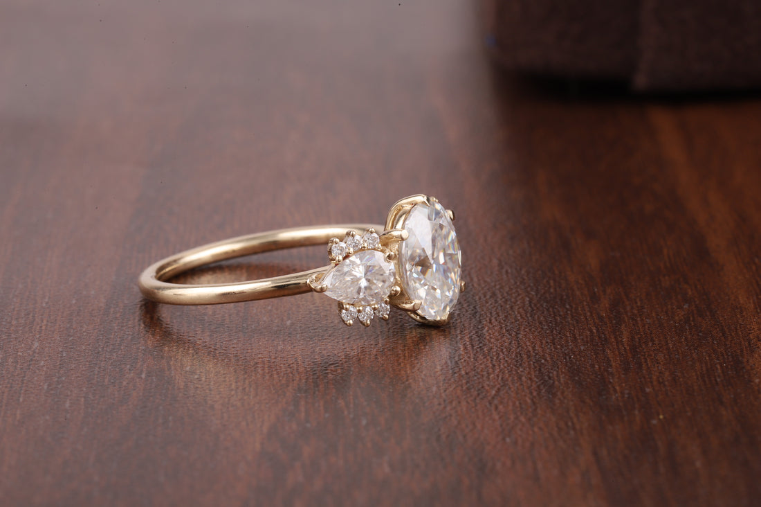 2ct Oval Cut Moissanite Engagement Ring, Oval Moissanite with side Pear Ring