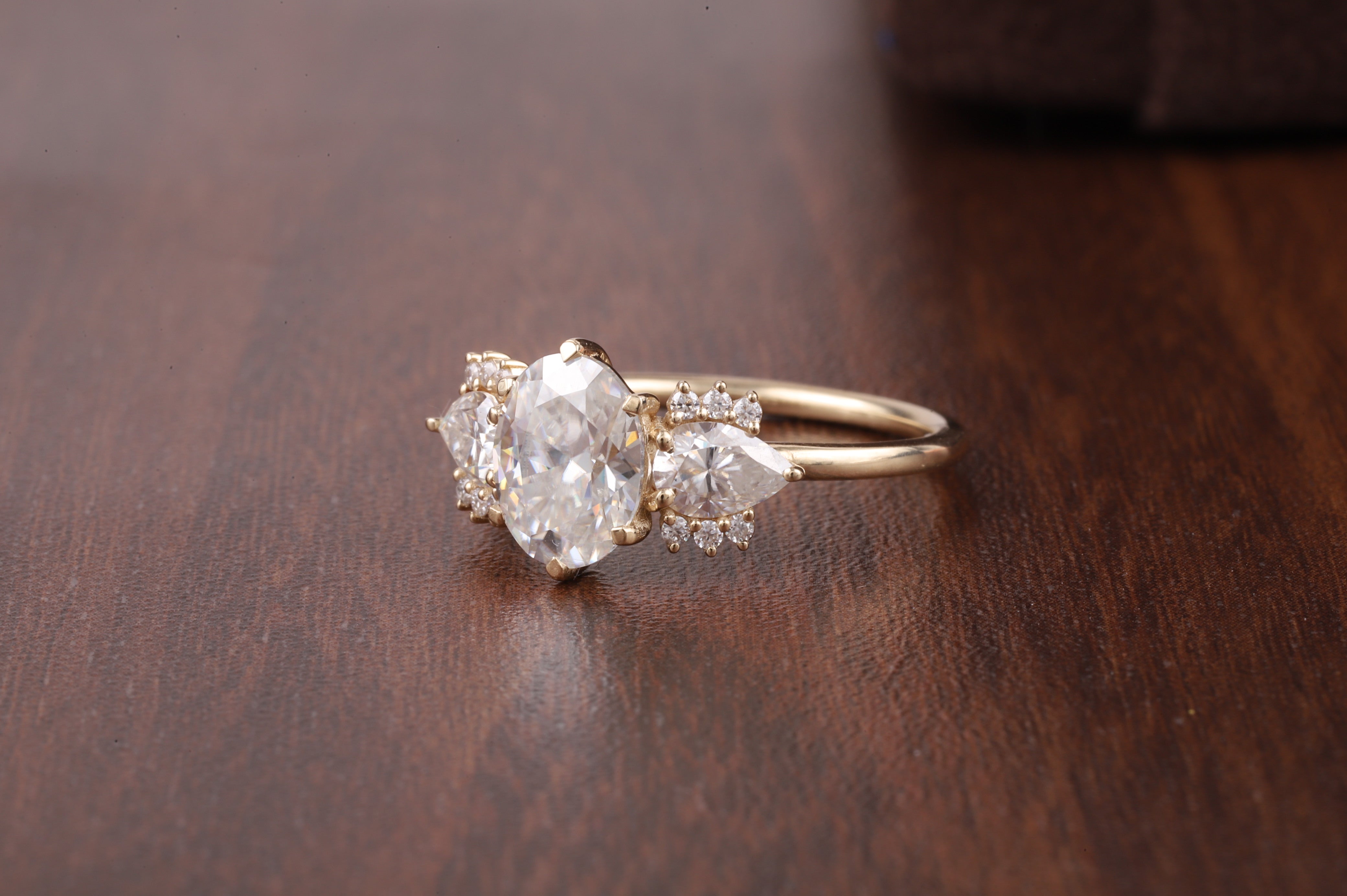 2ct Oval Cut Moissanite Engagement Ring, Oval Moissanite with side Pear Ring