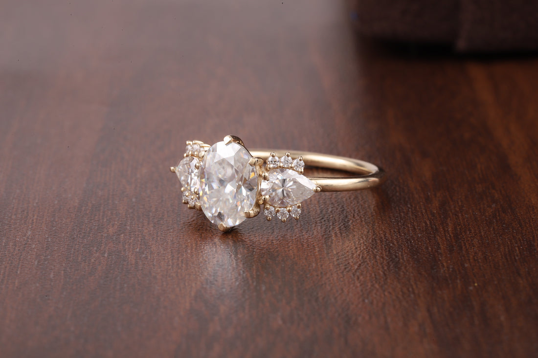 2ct Oval Cut Moissanite Engagement Ring, Oval Moissanite with side Pear Ring