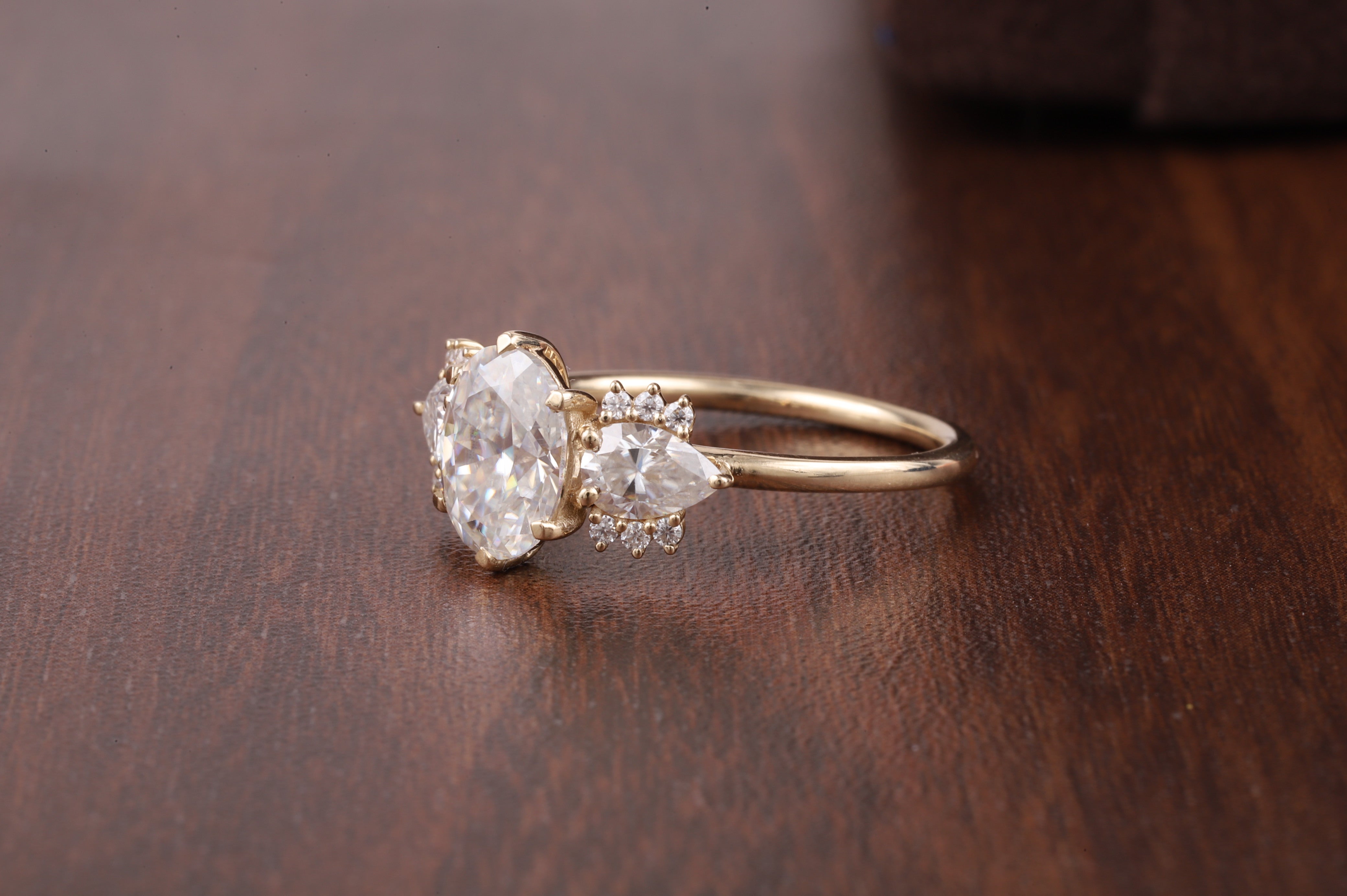 2ct Oval Cut Moissanite Engagement Ring, Oval Moissanite with side Pear Ring