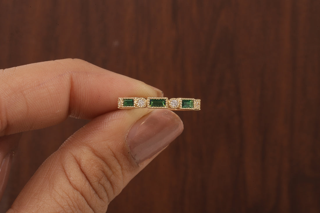 Green baguette and round moissanite milgrain bezel set