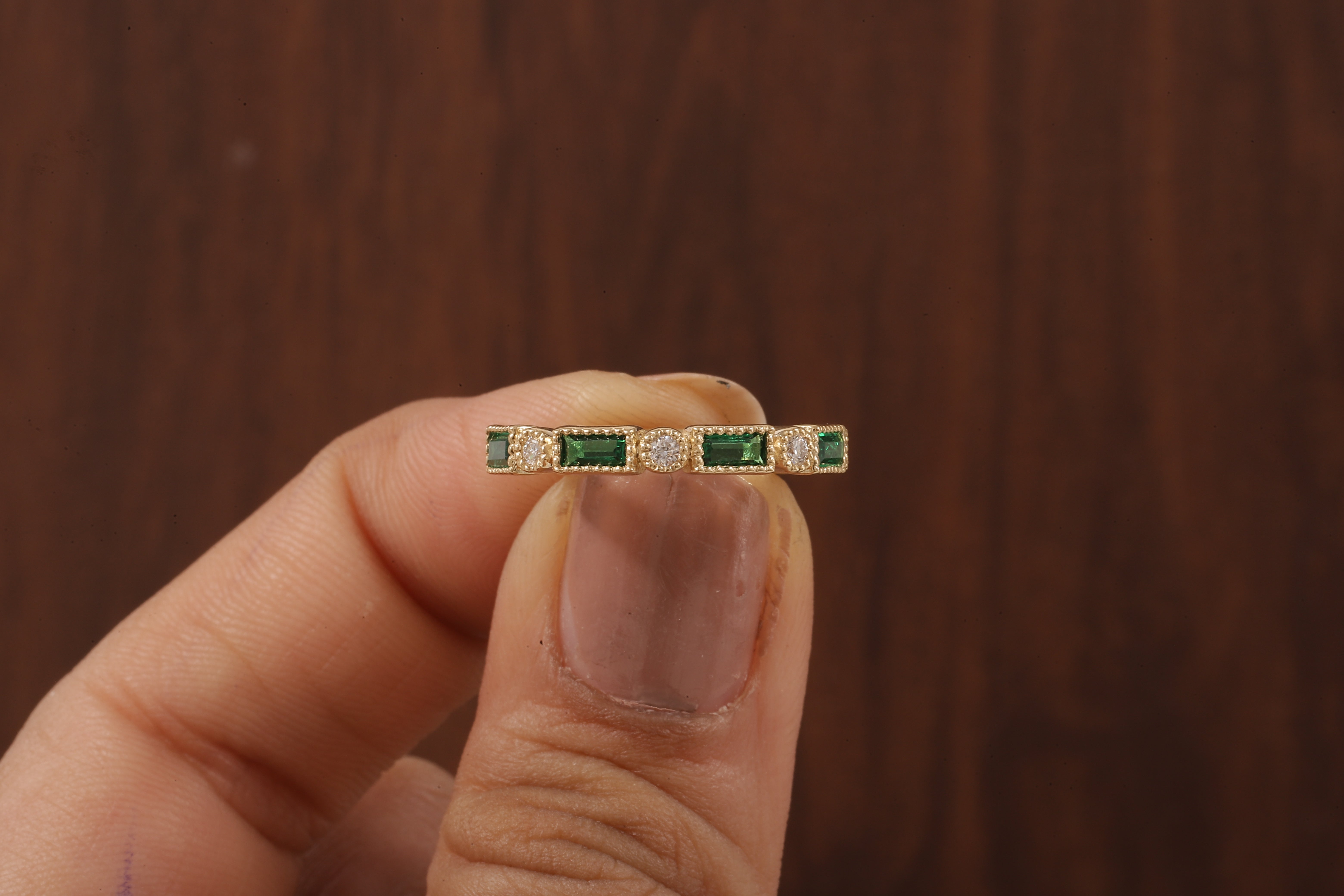 Green baguette and round moissanite milgrain bezel set