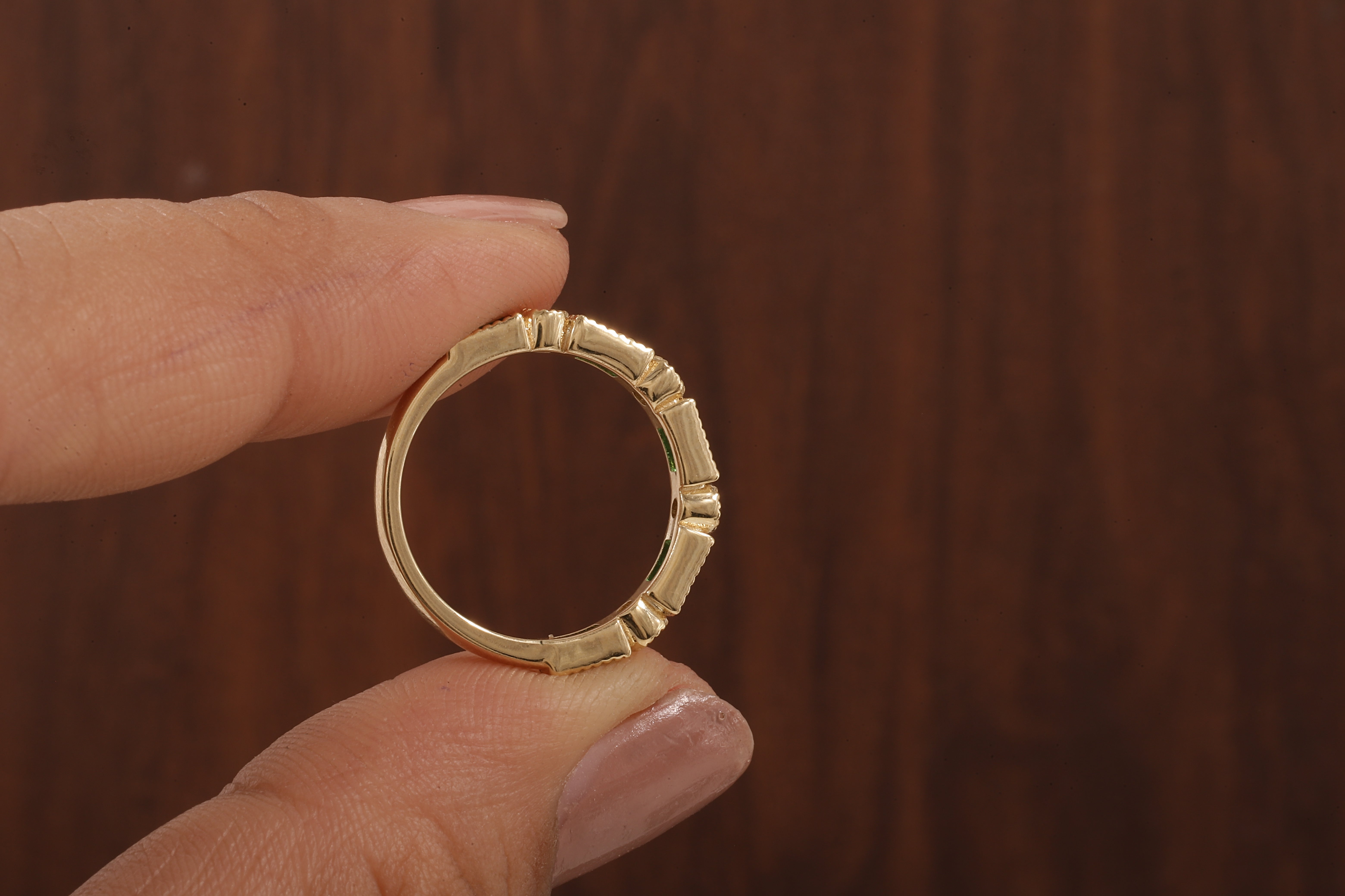 Green baguette and round moissanite milgrain bezel set