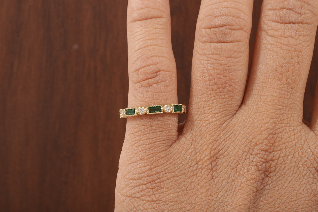 Green baguette and round moissanite milgrain bezel set