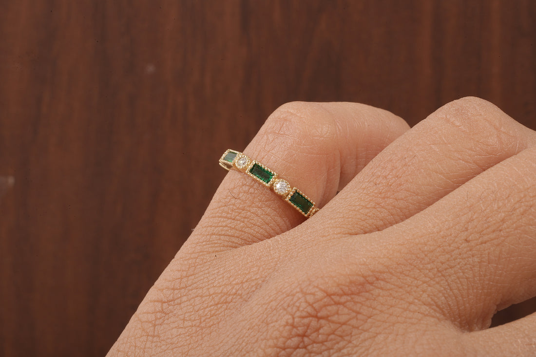 Green baguette and round moissanite milgrain bezel set