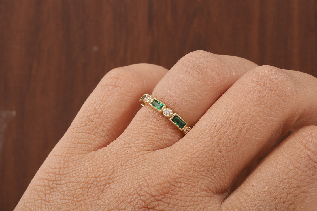 Green baguette and round moissanite milgrain bezel set