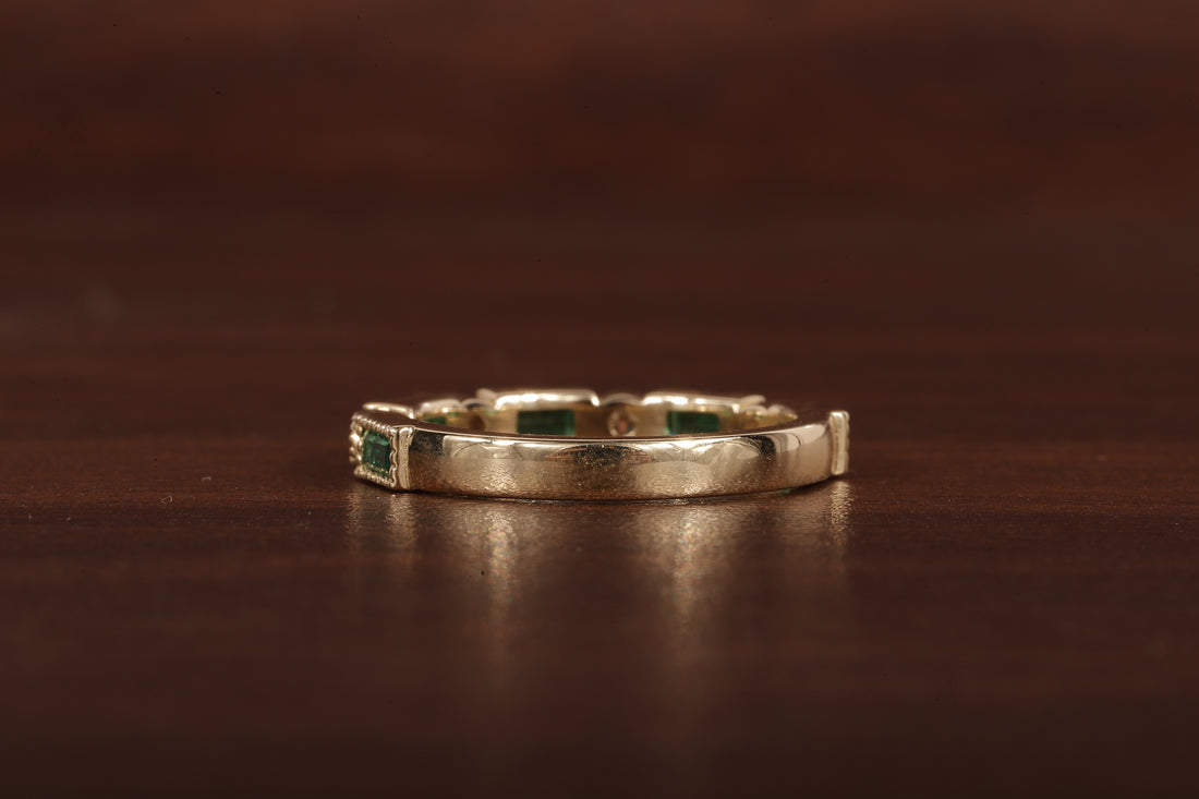 Green baguette and round moissanite milgrain bezel set