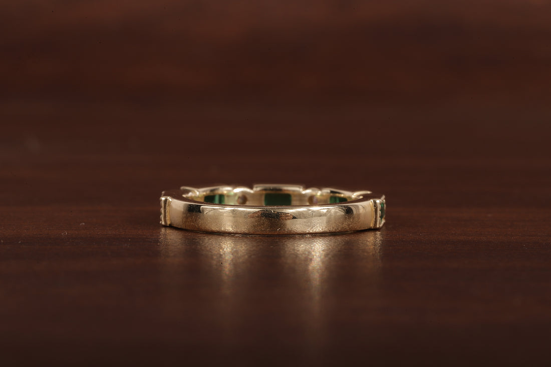 Green baguette and round moissanite milgrain bezel set