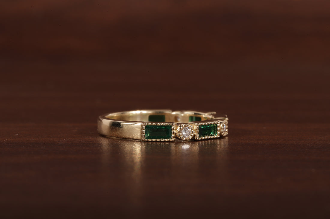 Green baguette and round moissanite milgrain bezel set