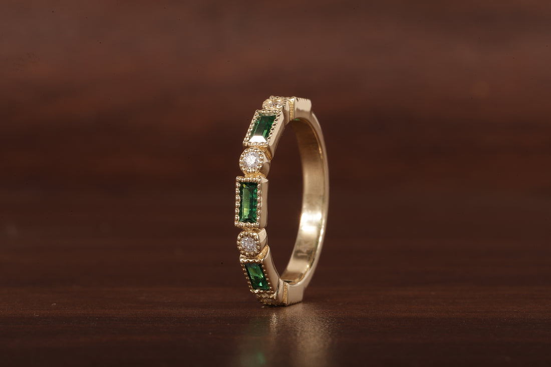 Green baguette and round moissanite milgrain bezel set