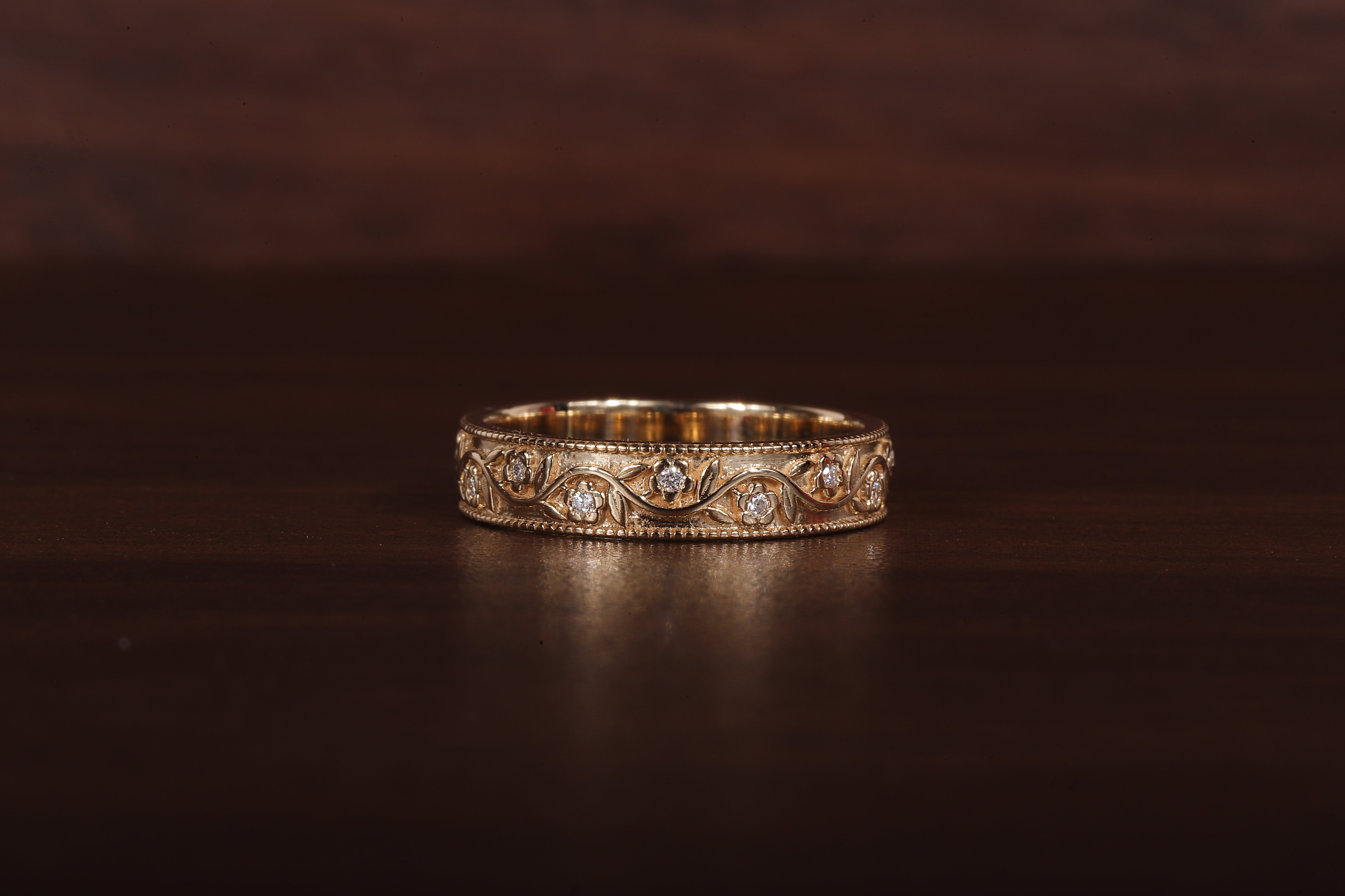 Vintage Floral Moissanite Wedding Band, 4MM Milgrain Gold Ring