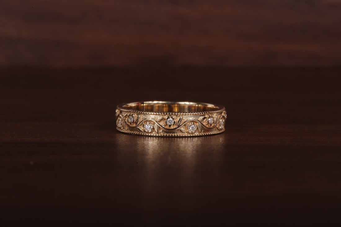 Vintage Floral Moissanite Wedding Band, 4MM Milgrain Gold Ring