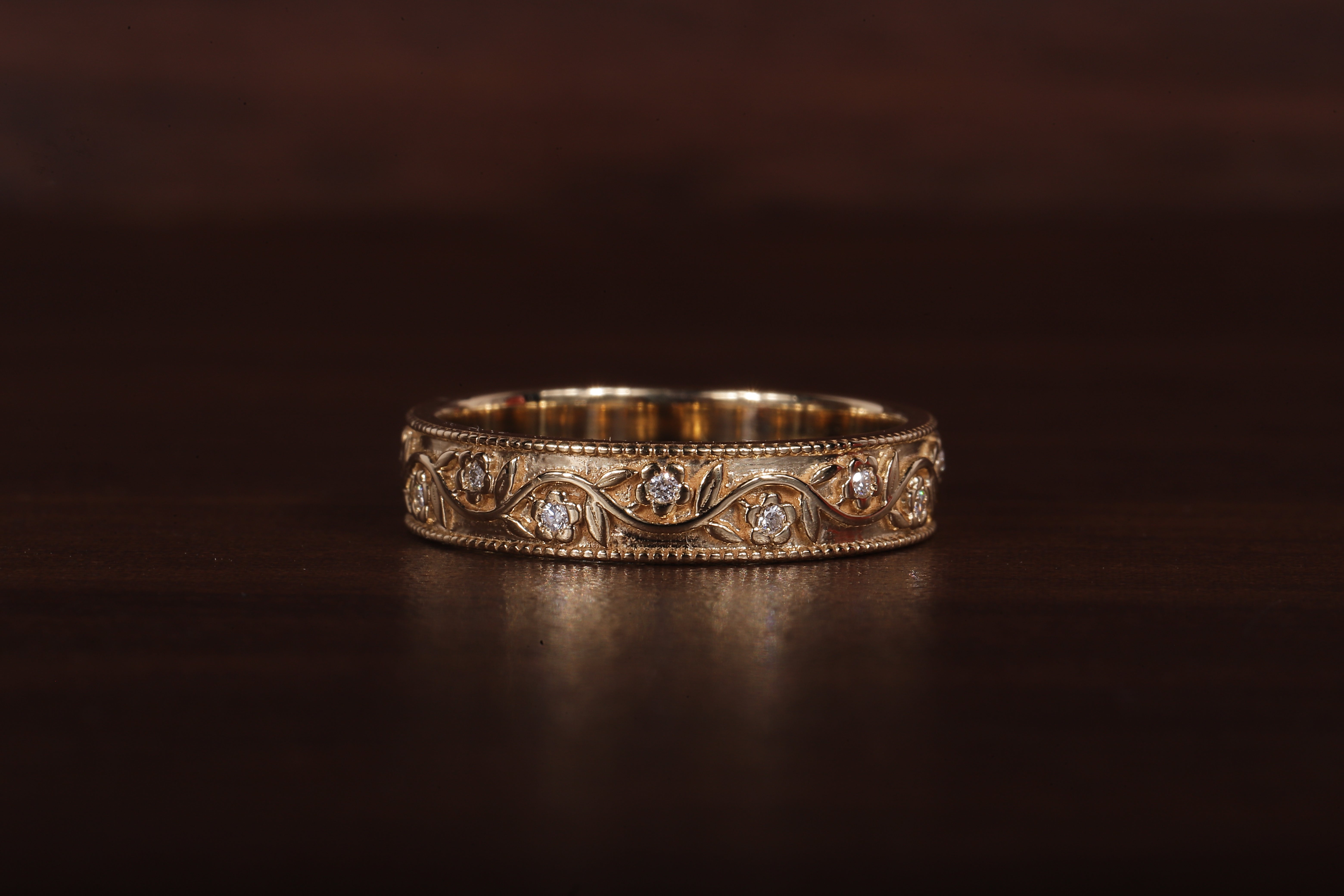 Vintage Floral Moissanite Wedding Band, 4MM Milgrain Gold Ring
