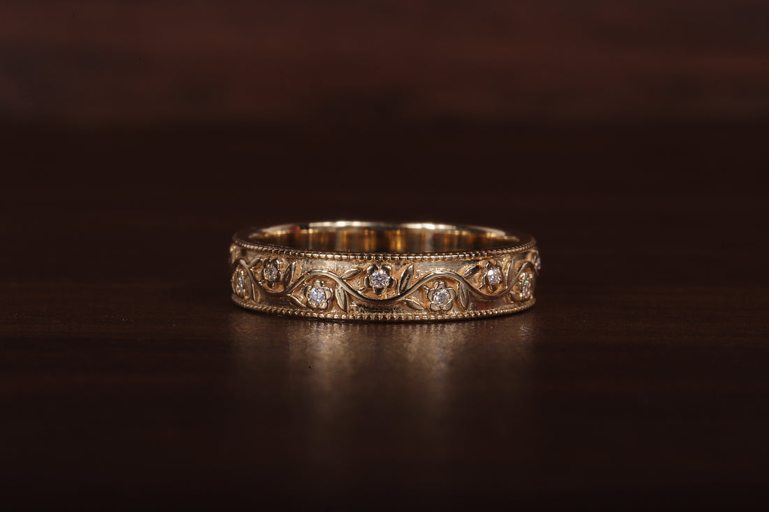 Vintage Floral Moissanite Wedding Band, 4MM Milgrain Gold Ring