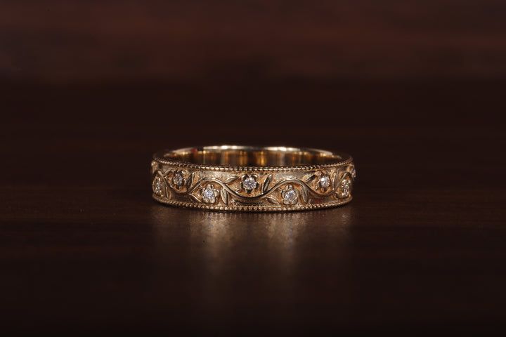Vintage Floral Moissanite Wedding Band, 4MM Milgrain Gold Ring