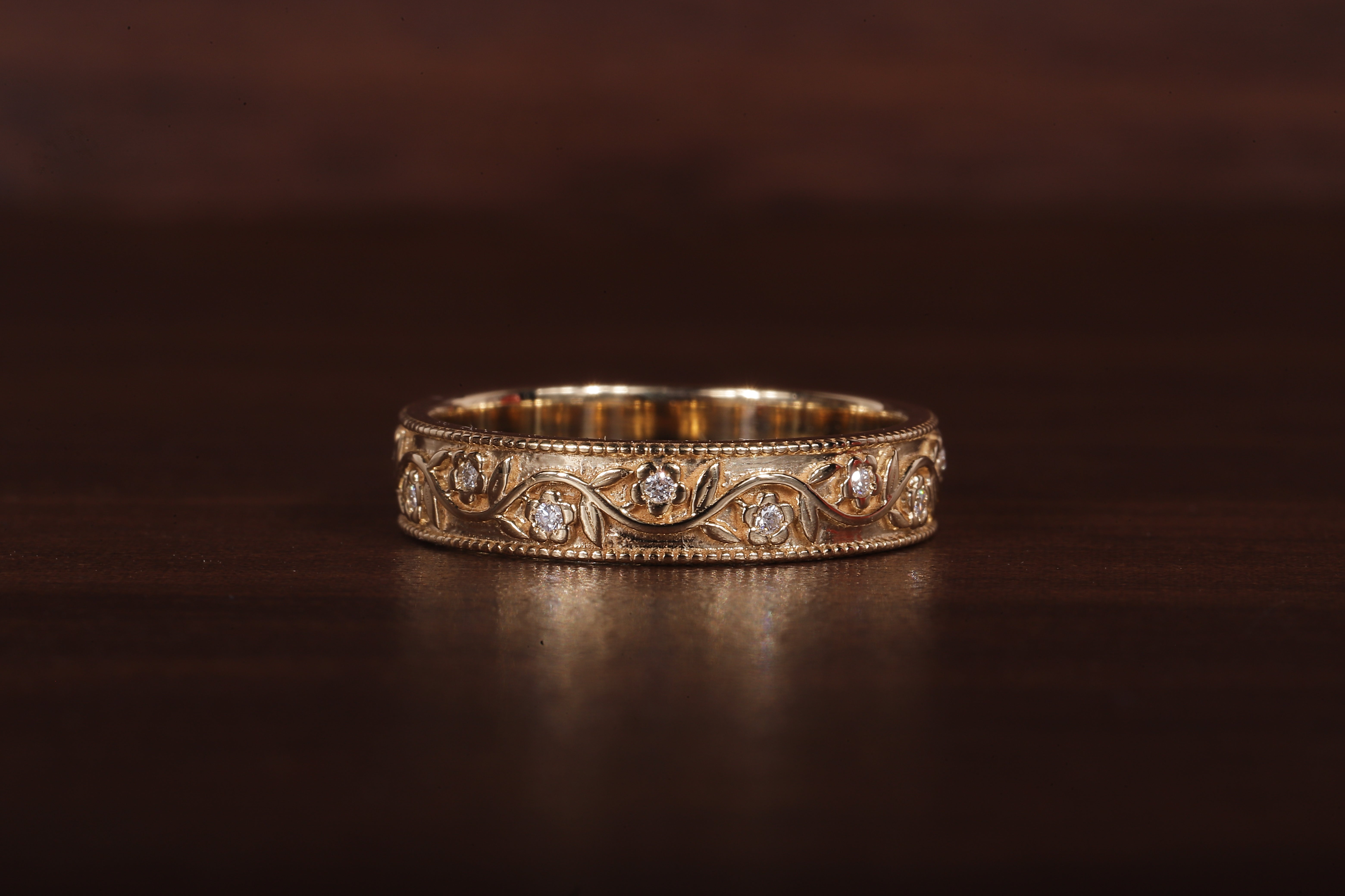 Vintage Floral Moissanite Wedding Band, 4MM Milgrain Gold Ring